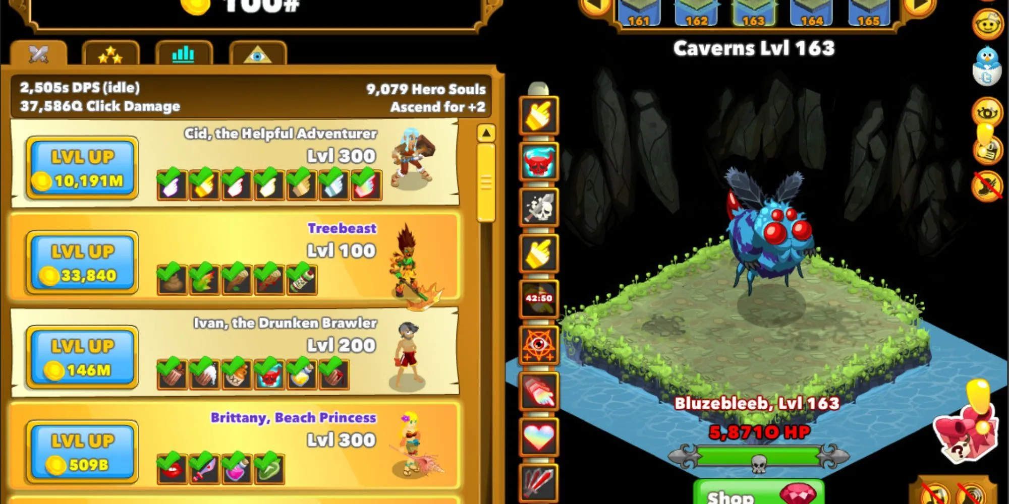 Màn hình anh hùng và hang động cấp 163 trong game Clicker Heroes