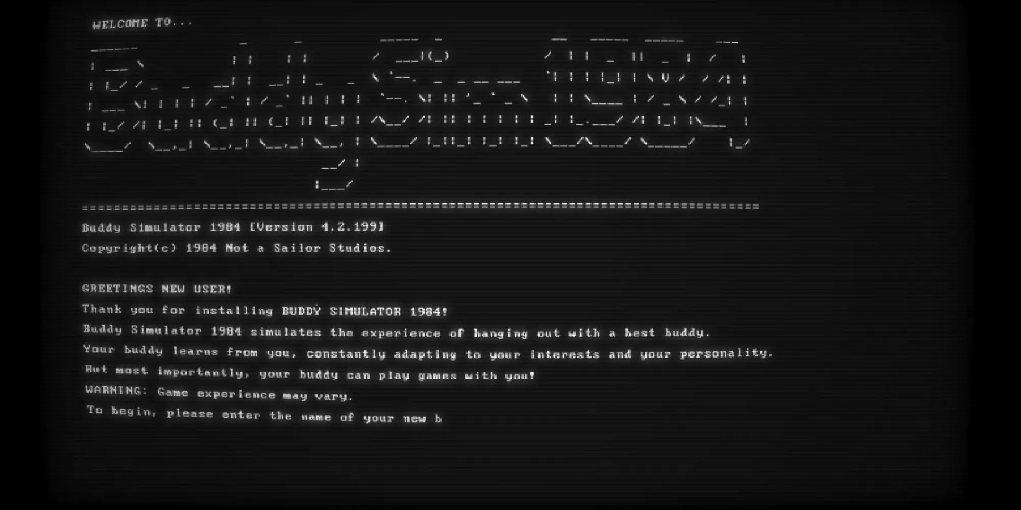 Màn hình chính của game text-based Buddy Simulator 1984 với phong cách retro