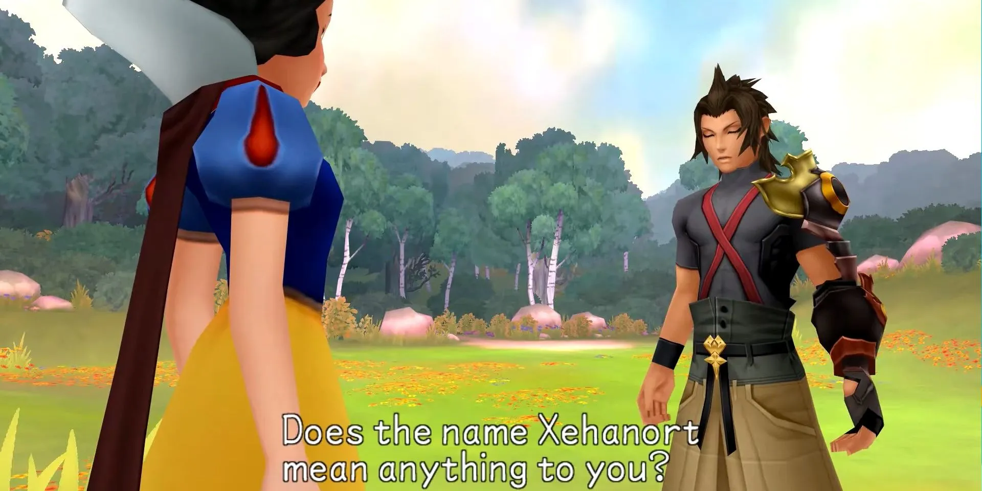 Màn hình Kingdom Hearts Birth By Sleep, Terra tại Dwarf Woodlands hỏi Bạch Tuyết về Xehanort