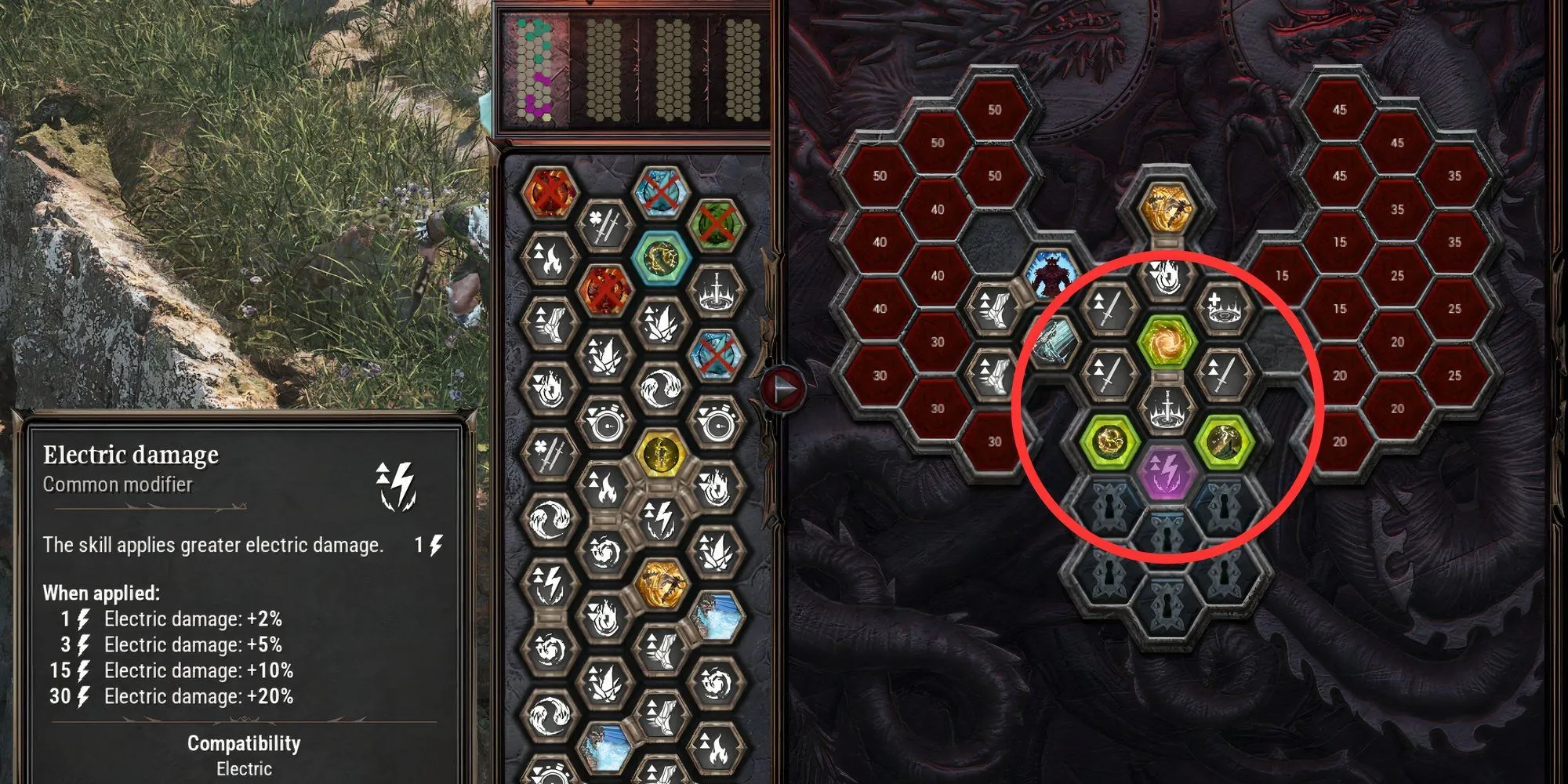 Mảnh Hex tăng sát thương điện được đặt trên Lưới Tổ Tiên trong Dragonkin The Banished