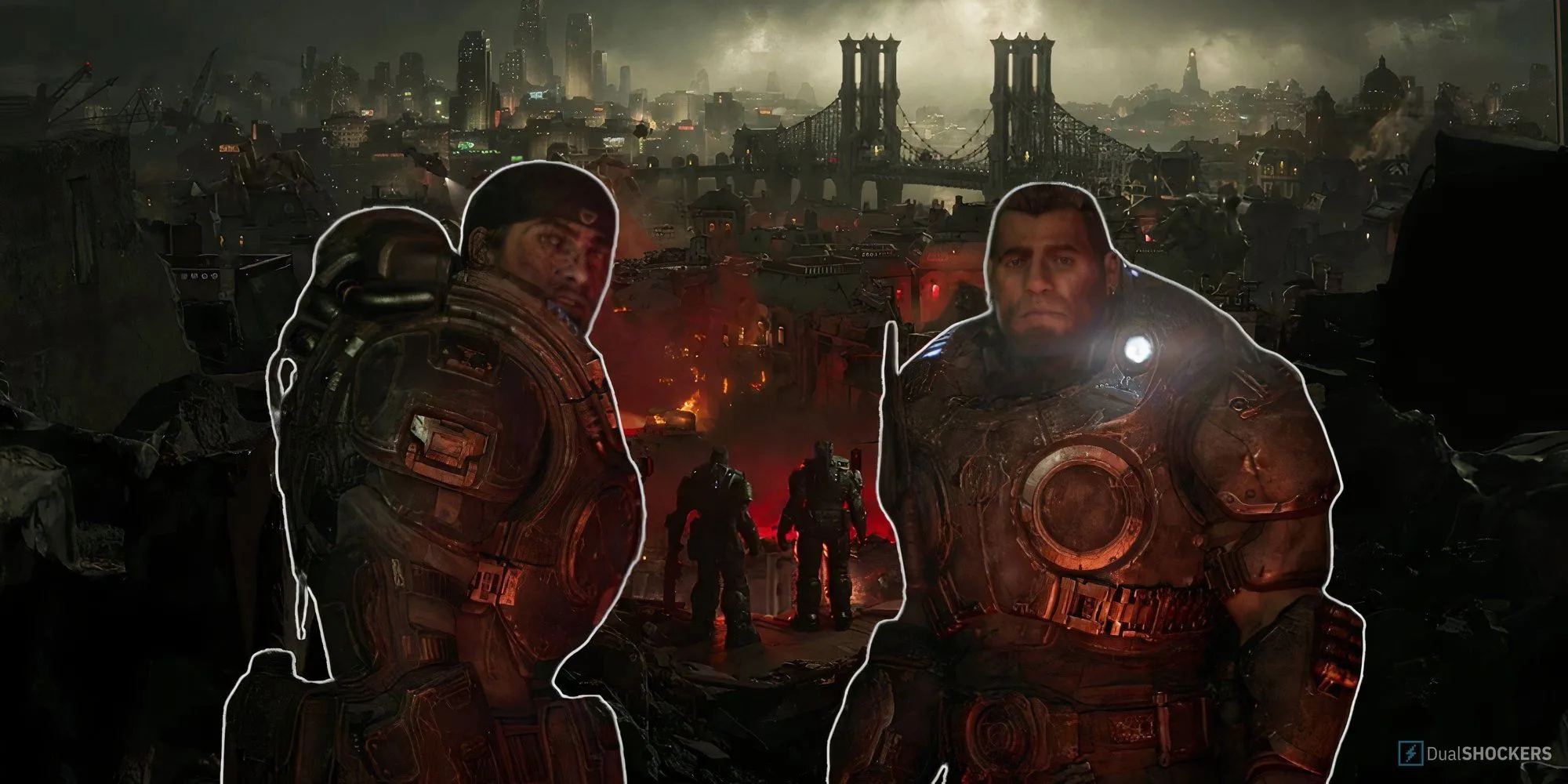 Marcus Fenix và Dominic Santiago trong trailer Gears of War E-Day nhìn ra thành phố đổ nát