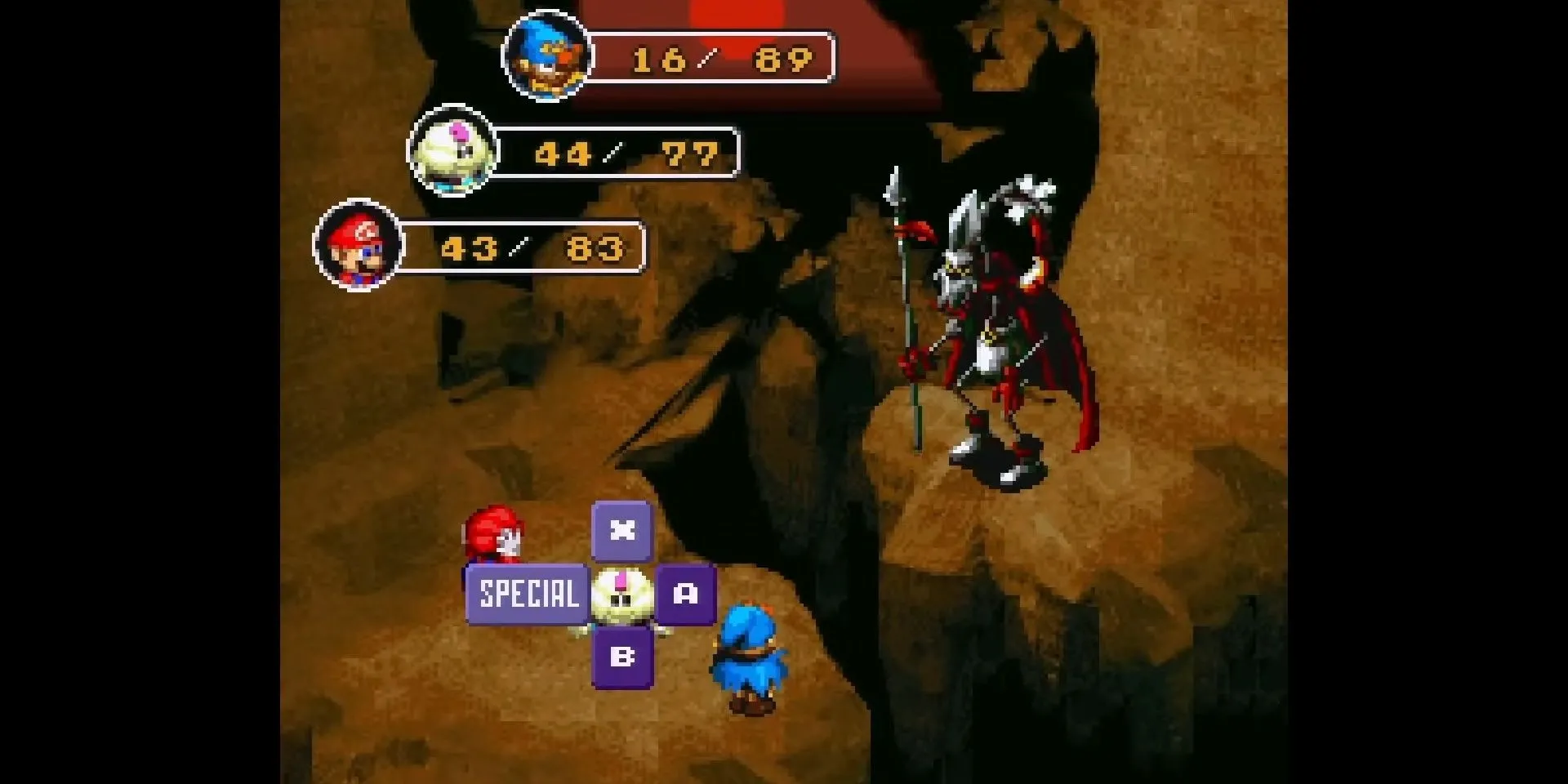 Mario và đồng đội chiến đấu với boss Yaridovich trong Super Mario RPG, nổi bật với ảnh nền dựng sẵn đầy màu sắc