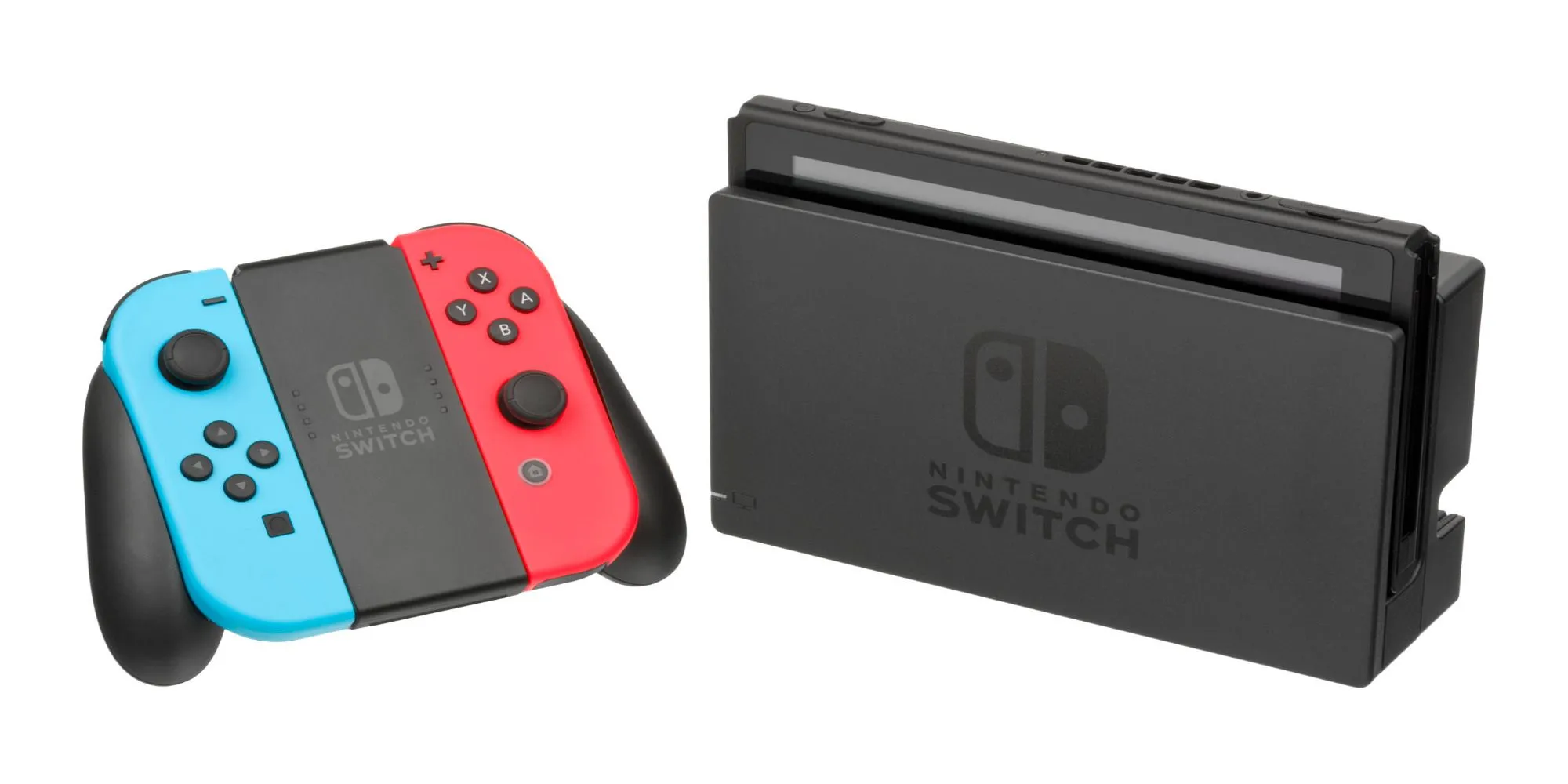 Máy Nintendo Switch với cặp Joy-Con màu đỏ và xanh dương cắm vào dock trên nền trắng