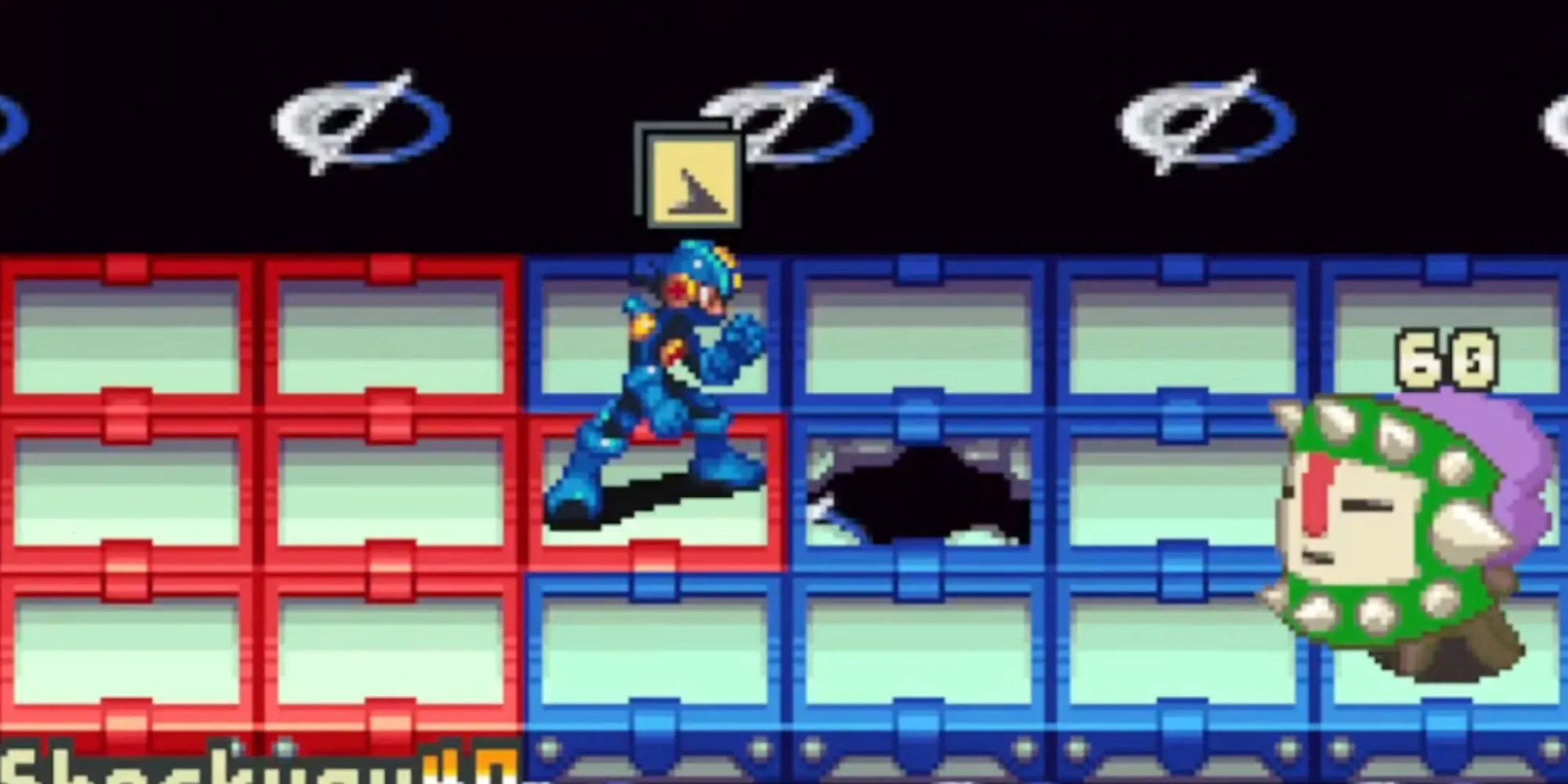 Mega Man.EXE chiến đấu với virus trên một lưới ô vuông trong Mega Man Battle Network 2
