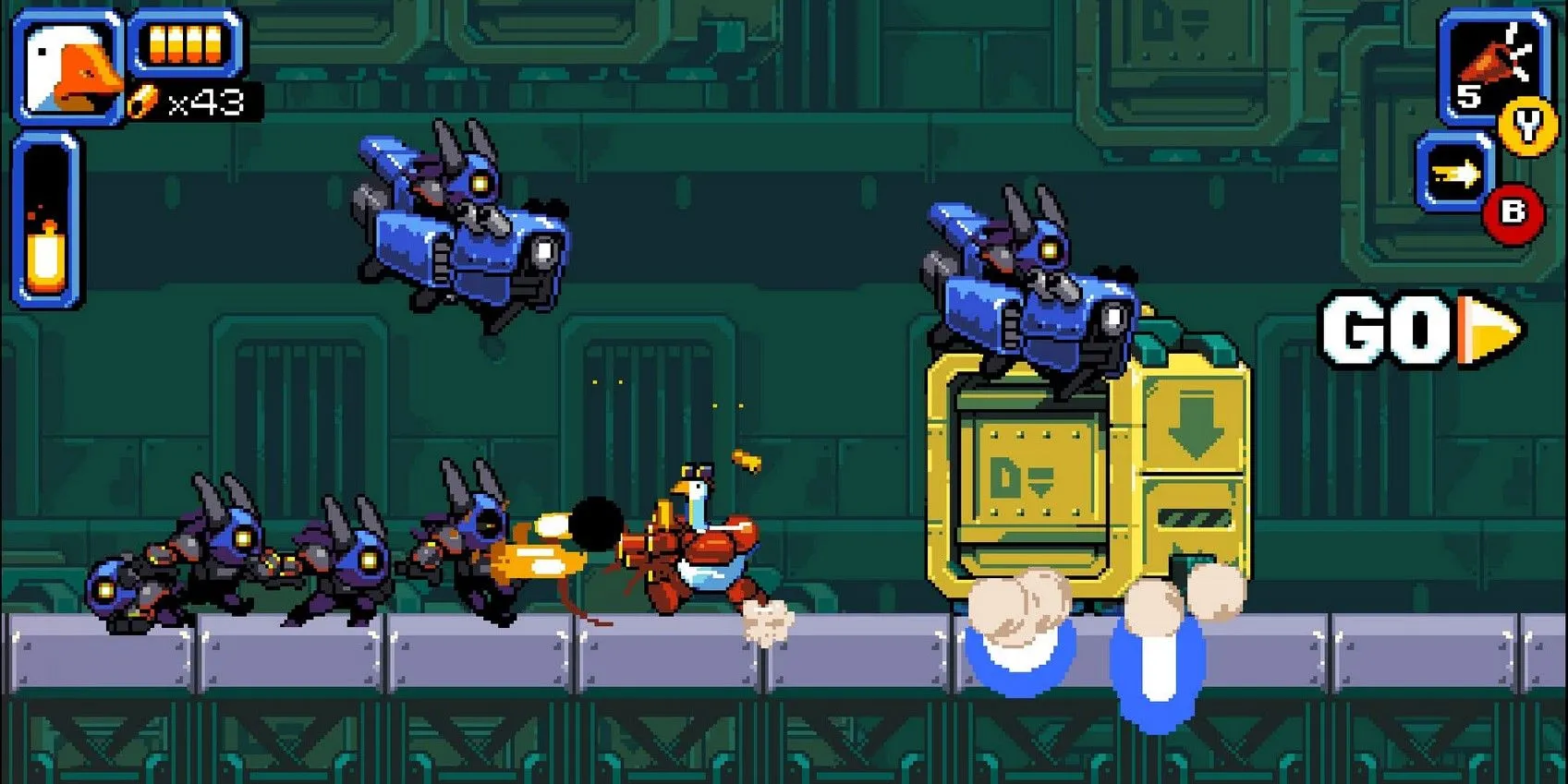 Mighty Goose chiến đấu với đám đông kẻ địch trong game run and gun
