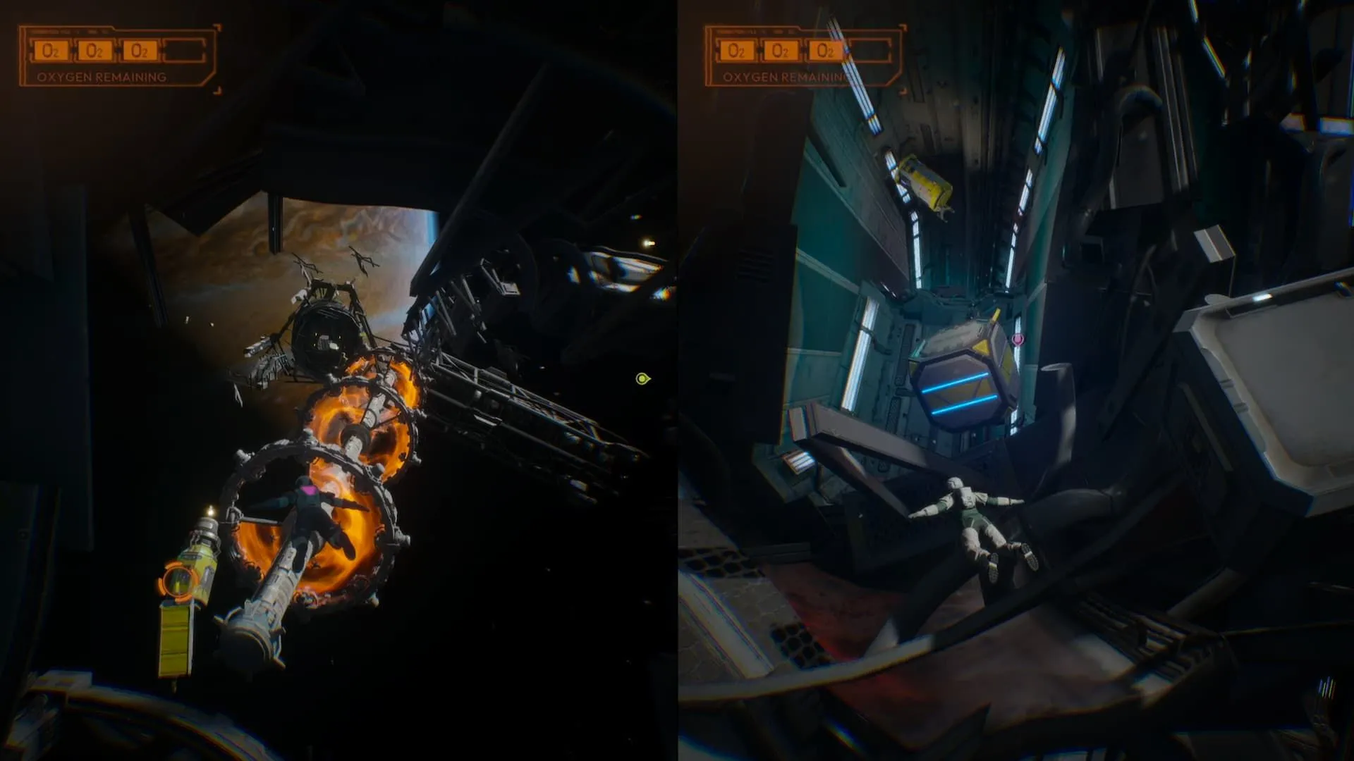 Mio hoặc Zoe bay lượn giữa không gian bên ngoài trạm, hướng tới tàu thoát hiểm trong Split Fiction Space Escape.