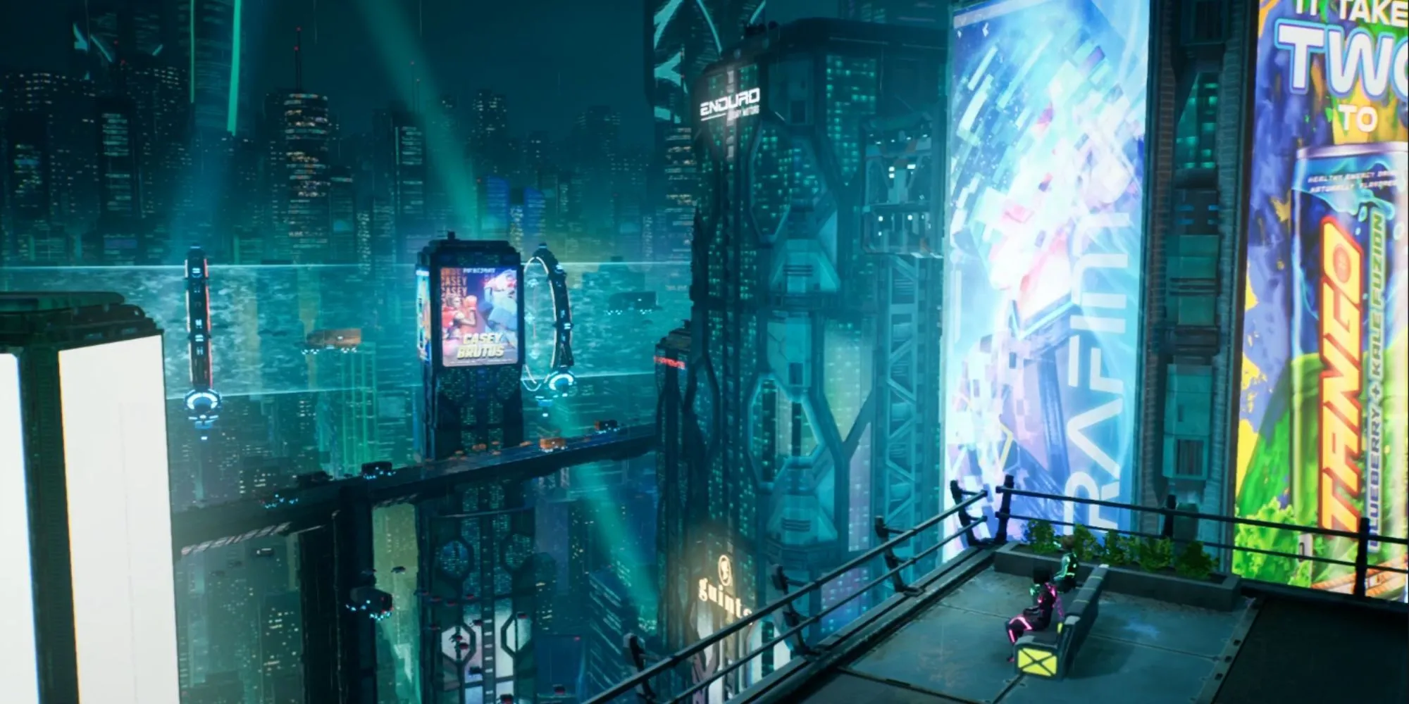 Mio và Zoe ngồi nghỉ trên băng ghế tại ban công ở Split Fiction Neon Revenge