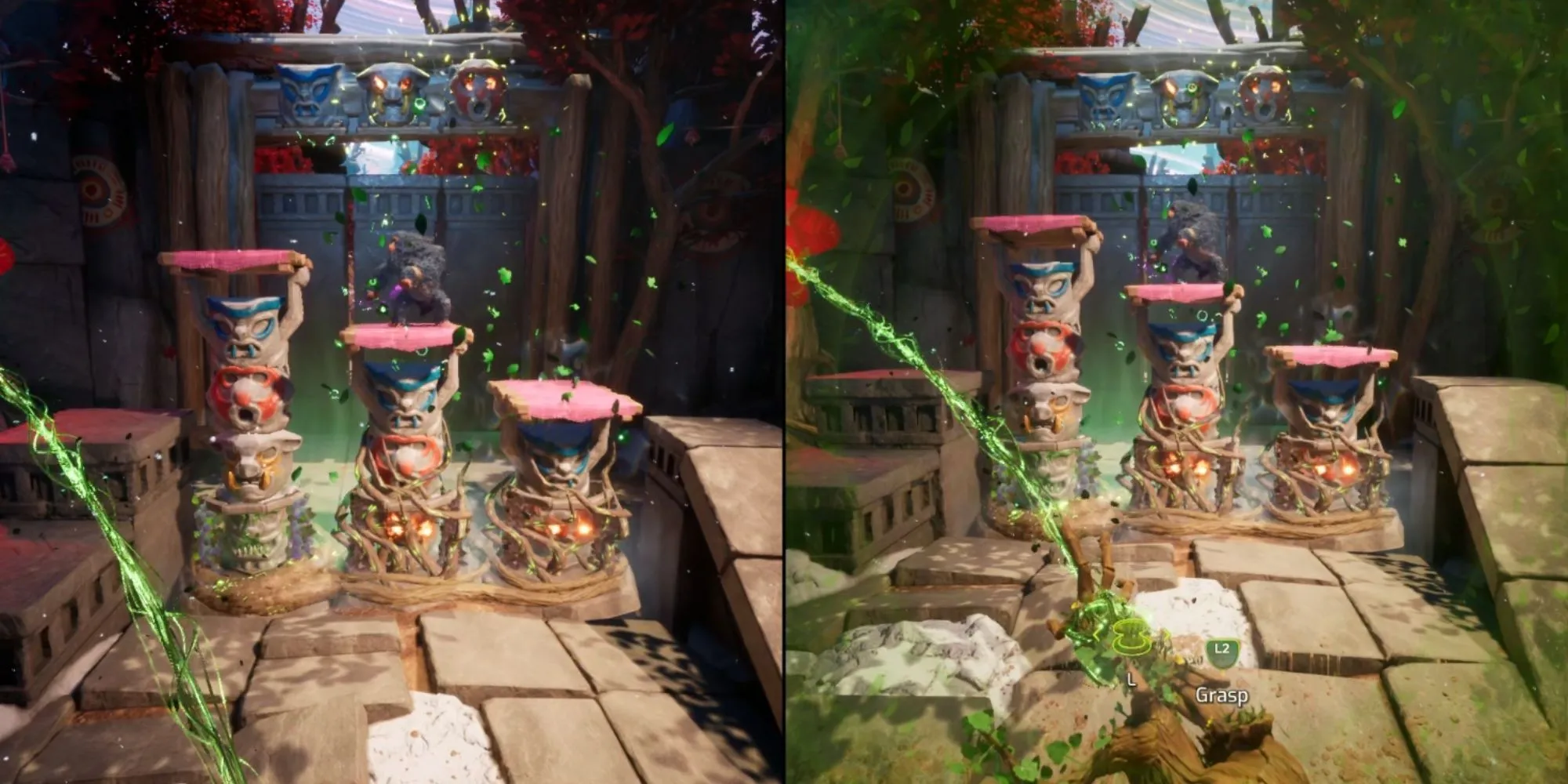 Mio và Zoe phối hợp giải đố totem màu sắc để mở cổng trong Split Fiction Hopes of Spring