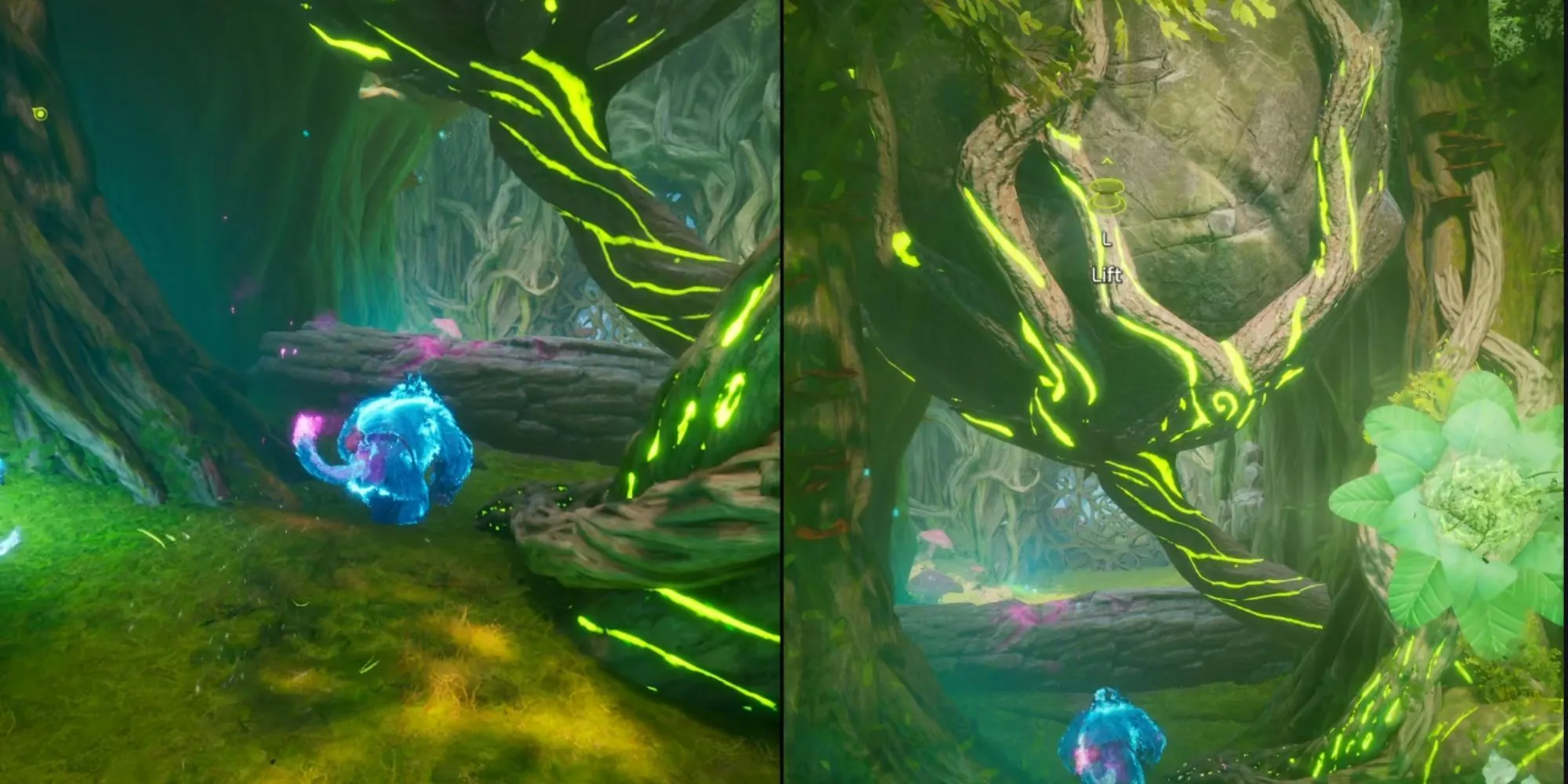 Mộc-Zoe nâng tảng đá và Vượn-Mio chuẩn bị đập khúc gỗ trong màn chơi The Underlands