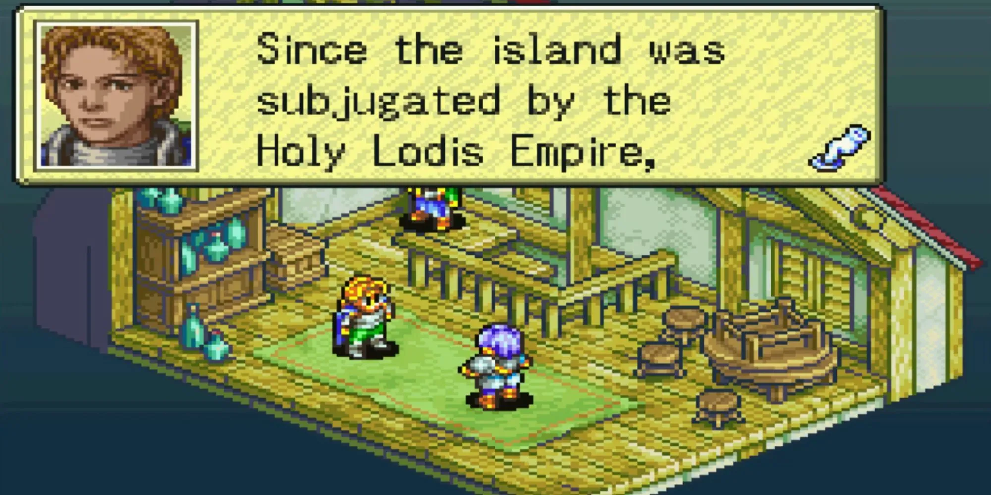 Một cảnh cắt trong Tactics Ogre The Knight of Lodis GBA hiển thị các nhân vật theo phong cách pixel art chi tiết