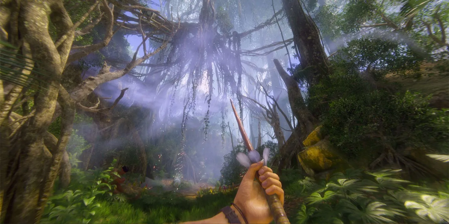 Một cảnh gameplay trong Green Hell cho thấy nhân vật đang ở giữa rừng rậm Amazon với các chỉ số sinh tồn hiển thị trên màn hình.
