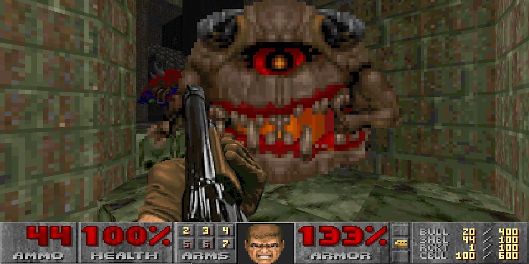 Một cảnh hành động trong Doom II với Doomguy sử dụng súng shotgun