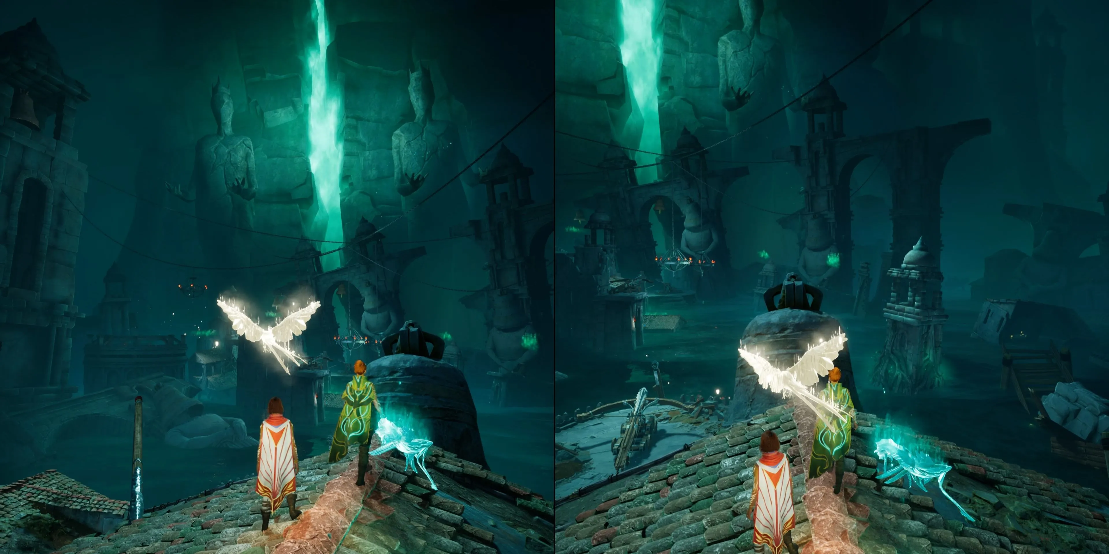 Một cảnh quan trong màn chơi The Hollow của Split Fiction với kiến trúc đổ nát