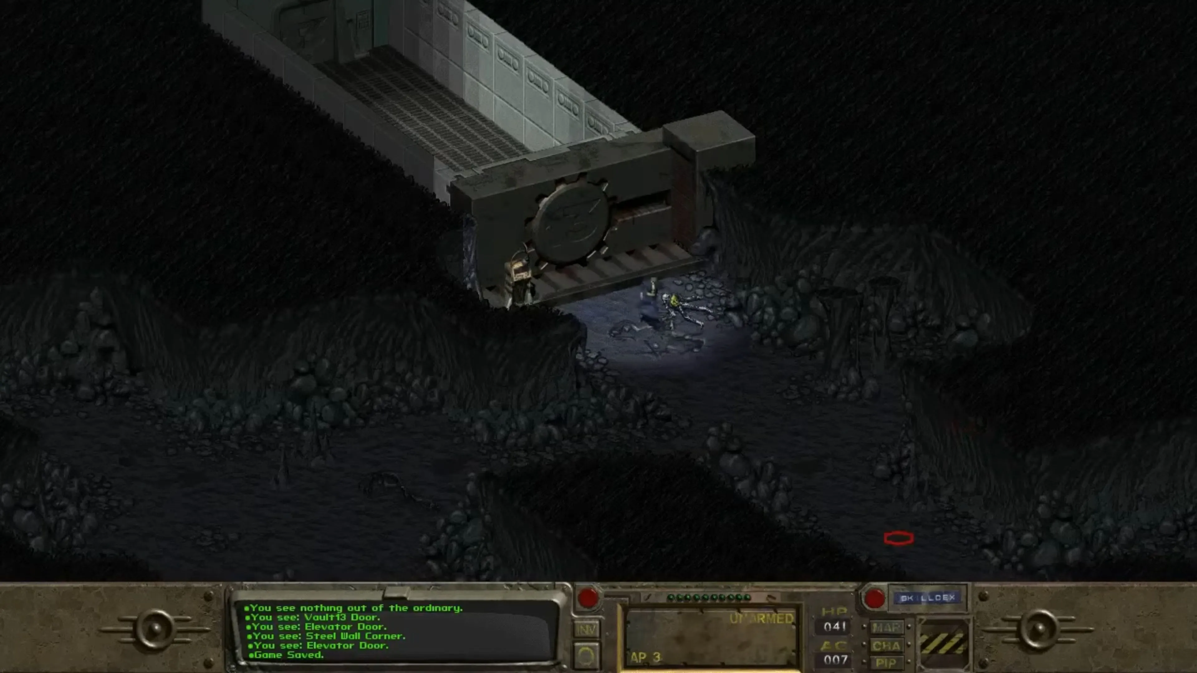 Một cảnh trong Fallout cổ điển, thể hiện đồ họa isometric và không khí hậu tận thế đặc trưng.
