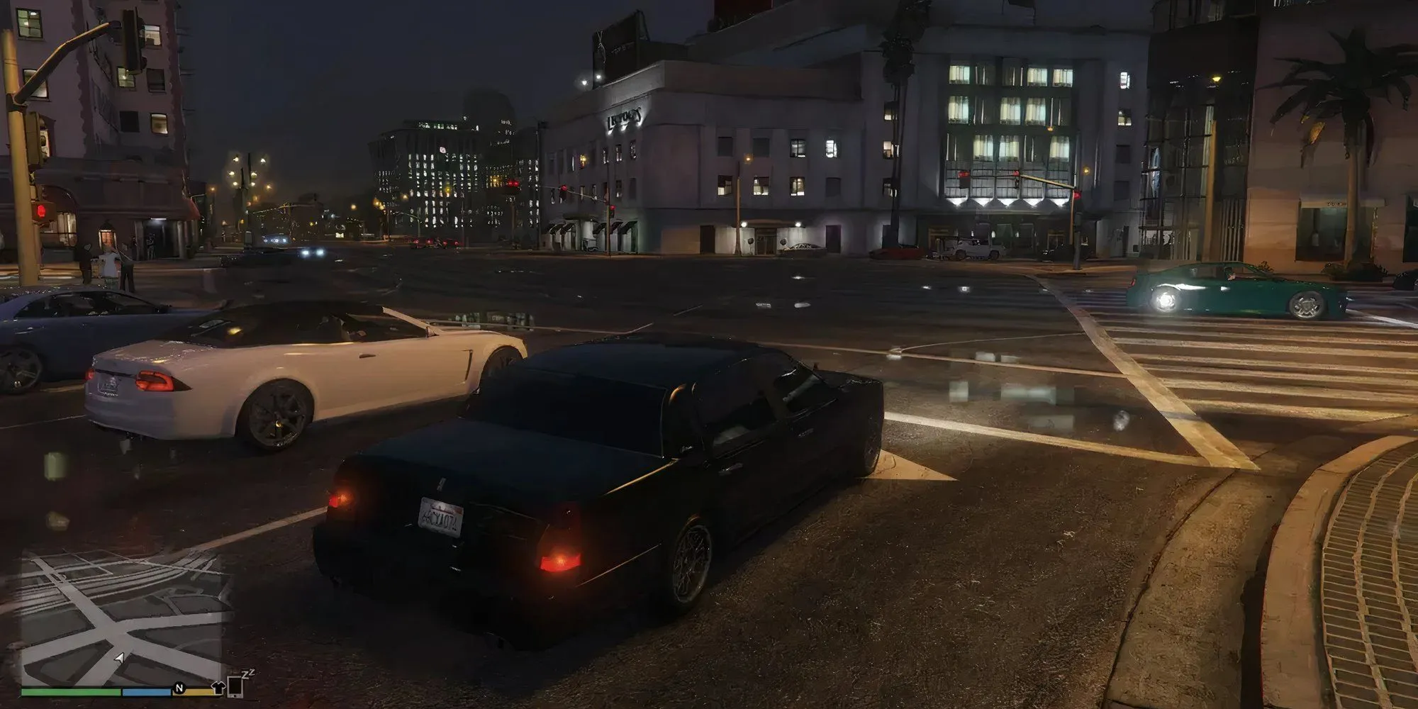 Một chiếc xe hơi đang chạy trên đường phố Los Santos trong GTA V