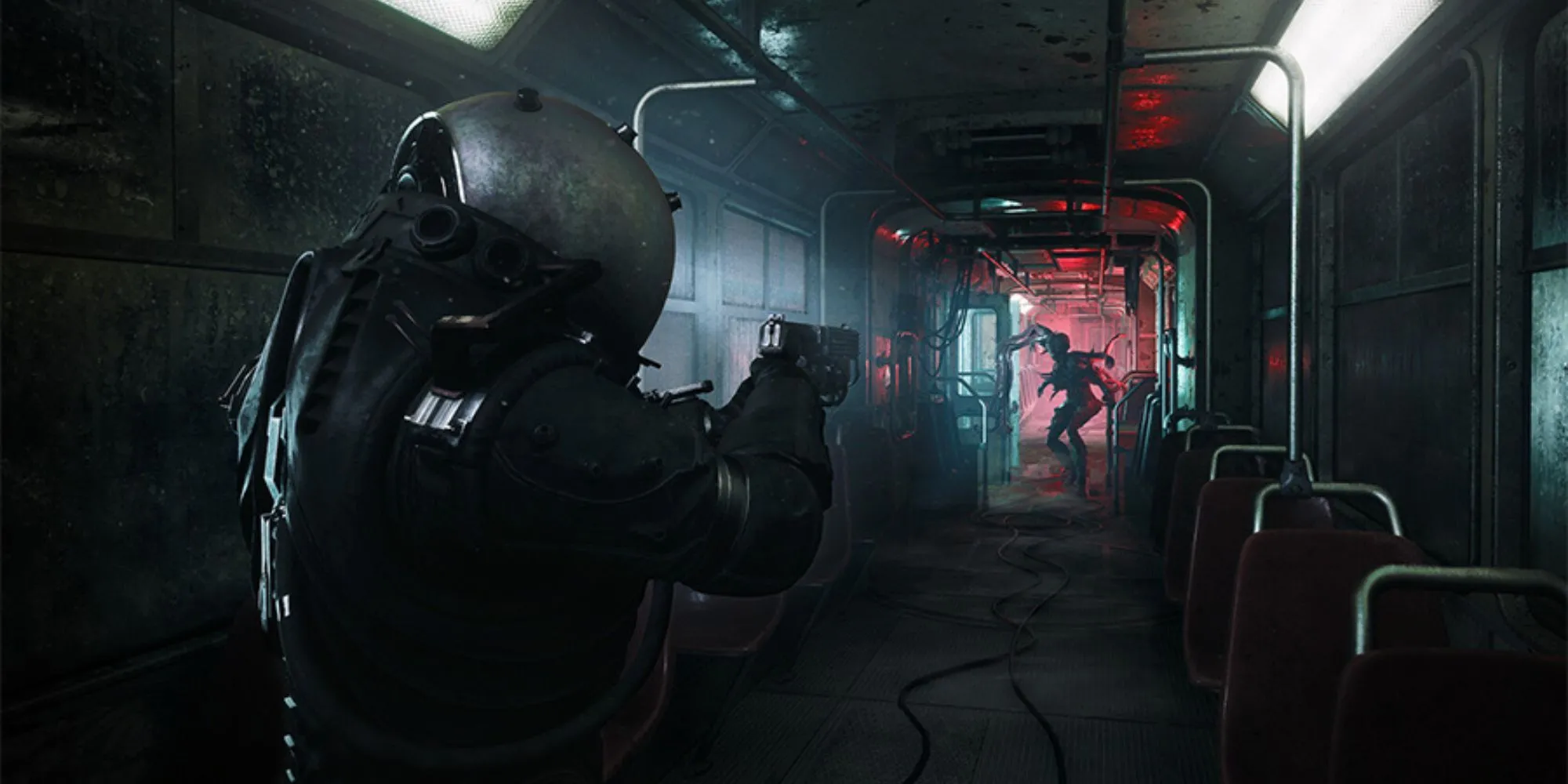 Một con quái vật ghê rợn trong bối cảnh tàu điện ngầm đổ nát của game Cronos The New Dawn