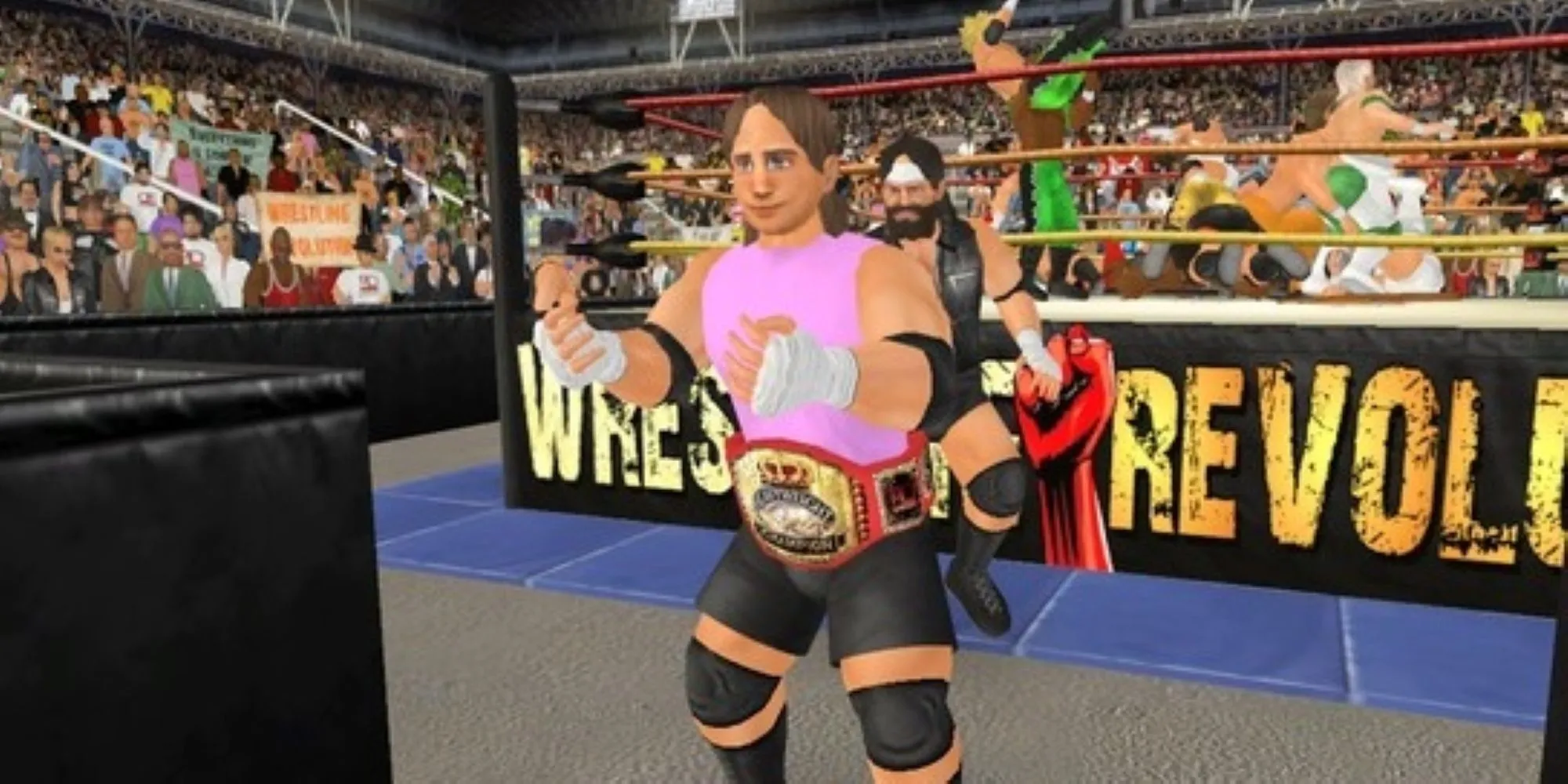 Một đô vật đứng trước võ đài cùng một nhóm đô vật phía sau trong Wrestling Empire