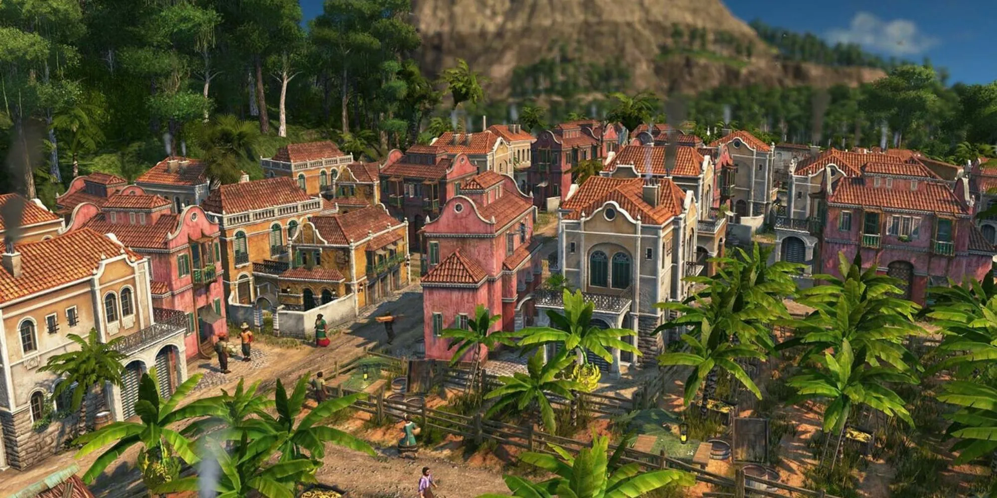 Một đồn điền thuộc địa trong Anno 1800 với các công trình và cánh đồng trồng trọt đặc trưng của Tân Thế Giới.