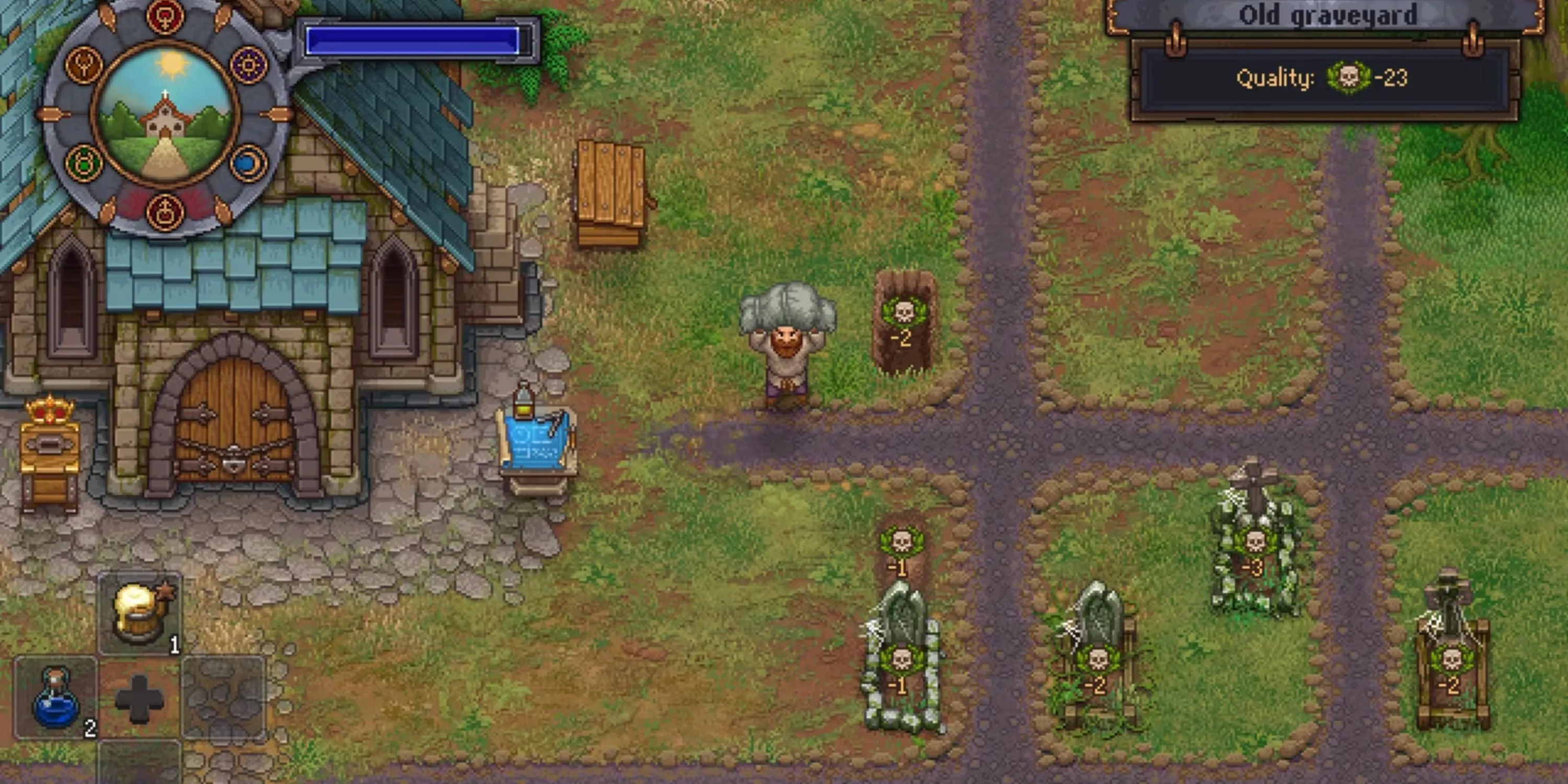 Một góc nhìn trong game Graveyard Keeper với các công trình và nghĩa địa đặc trưng