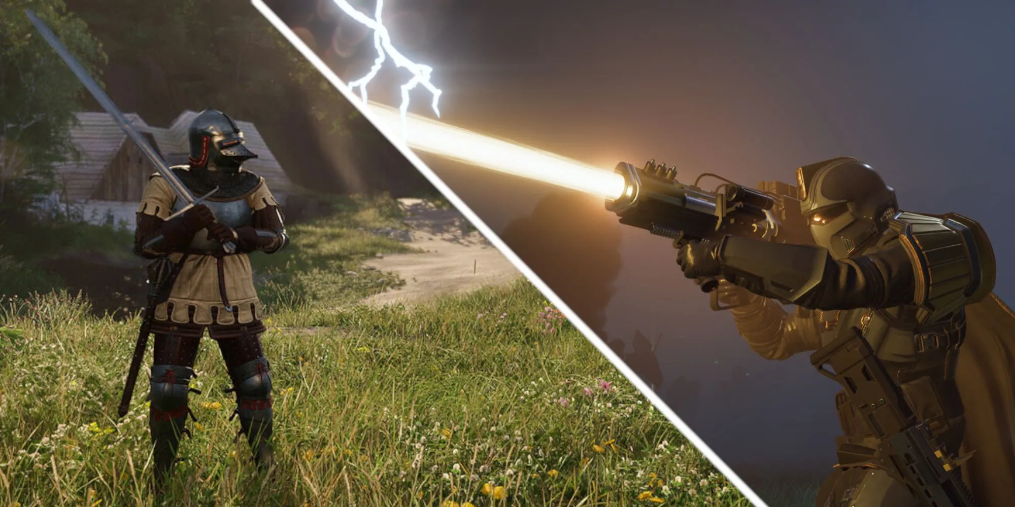 Một hình ảnh so sánh vui giữa Kingdom Come Deliverance 2 và Helldivers 2, với một nhân vật KCD2 cầm vũ khí trông giống khẩu pháo laser từ Helldivers 2