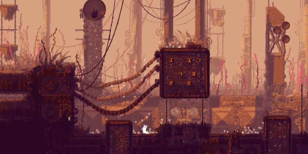 Một khu vực trong Rain World với kiến trúc phức tạp và môi trường khắc nghiệt, nơi Slugcat phải tìm cách sinh tồn