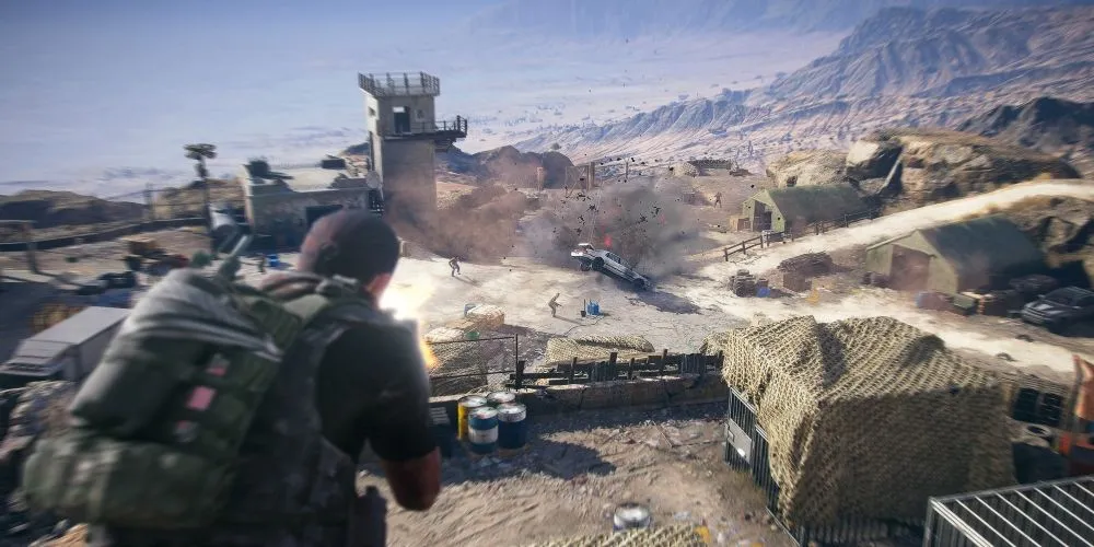 Một khung cảnh rộng lớn nhìn từ trên cao xuống các thung lũng và núi non của Bolivia trong Ghost Recon Wildlands.