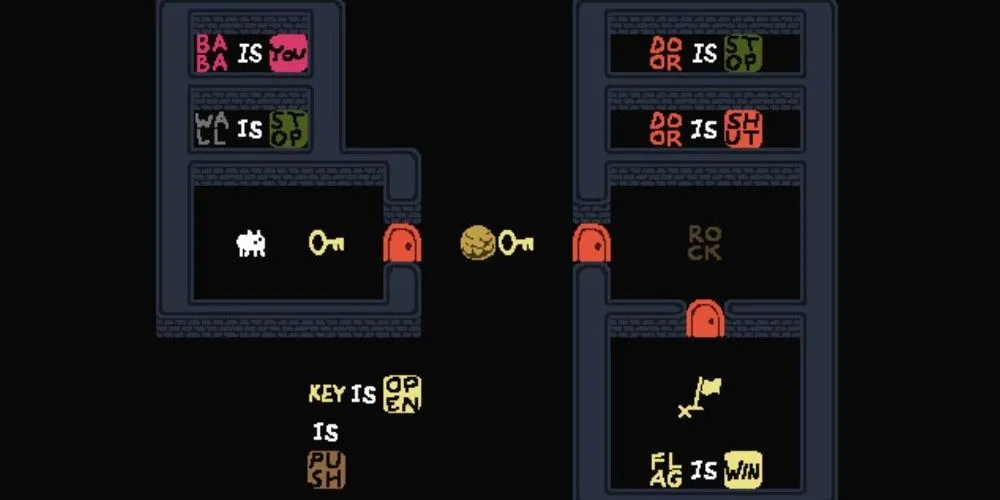 Một màn giải đố trong game Baba Is You với đồ họa pixel đơn giản nhưng thông minh