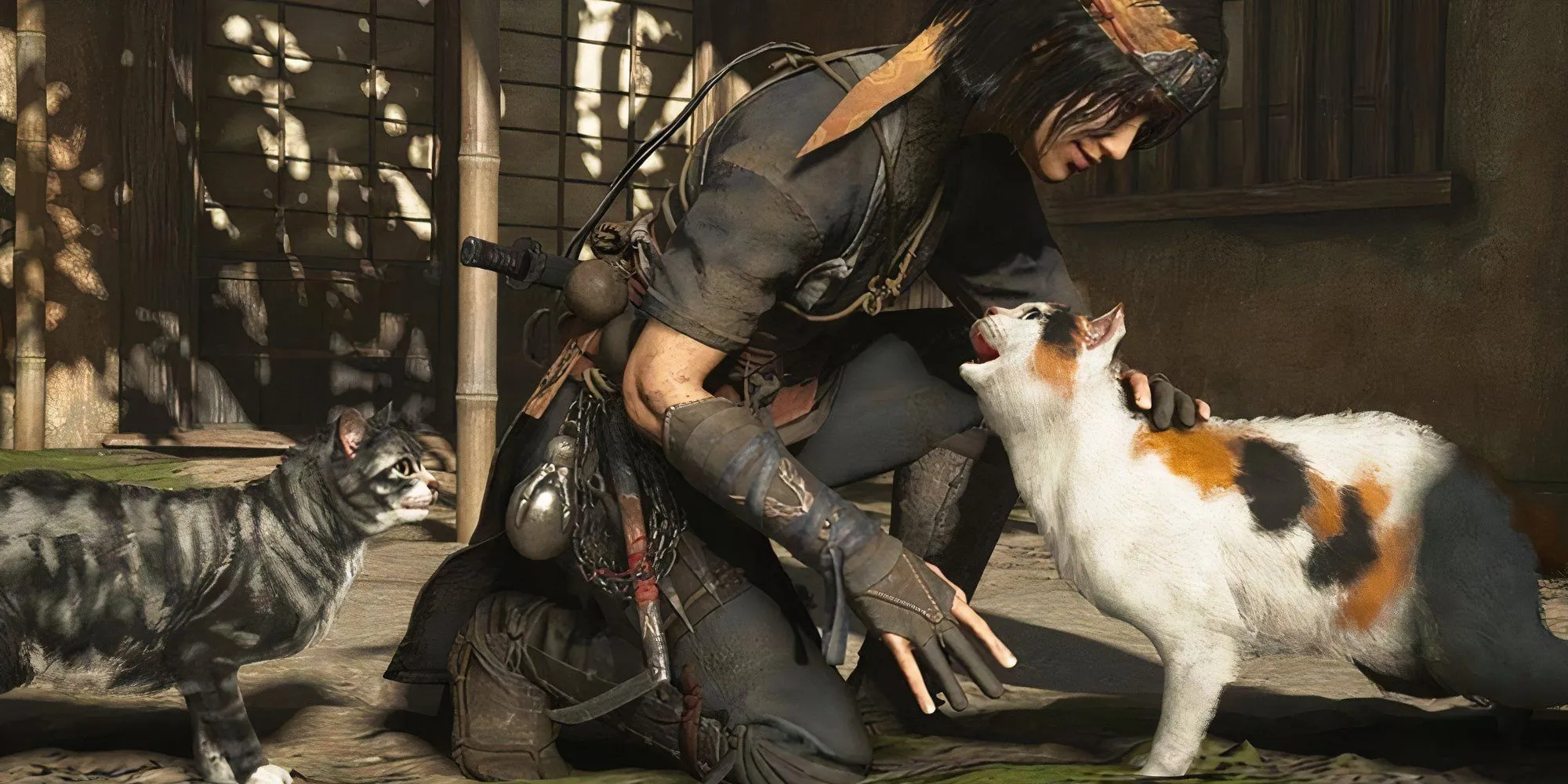 Một nhân vật trong game Assassin's Creed Shadows đang âu yếm một chú mèo trắng dễ thương