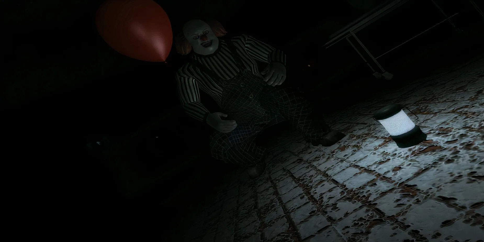 Một tên hề đáng sợ với quả bóng bay màu đỏ trong gameplay của Fear Of Clowns