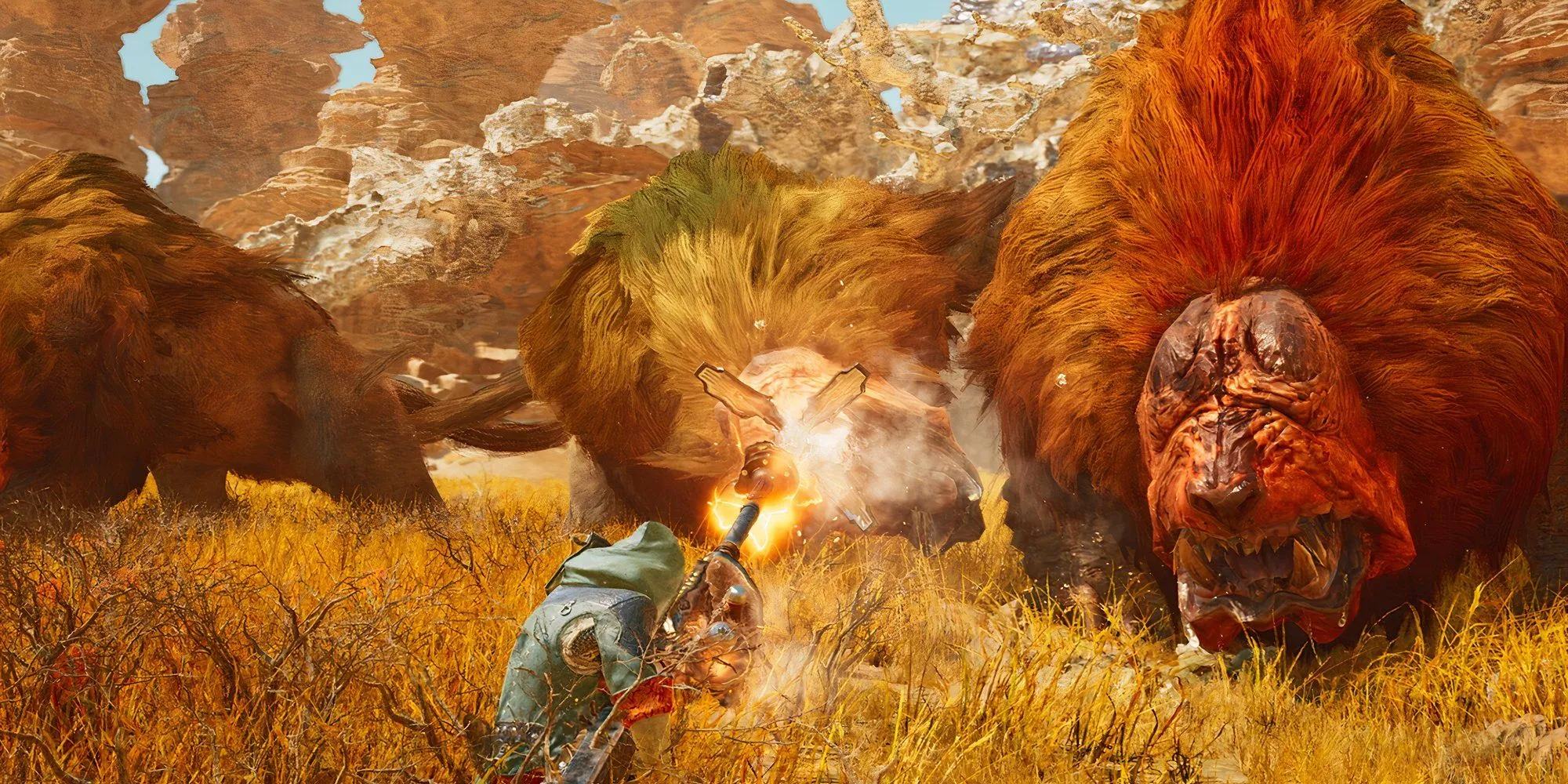 Một thợ săn đang chiến đấu với quái vật trong thế giới rộng lớn của Monster Hunter Wilds