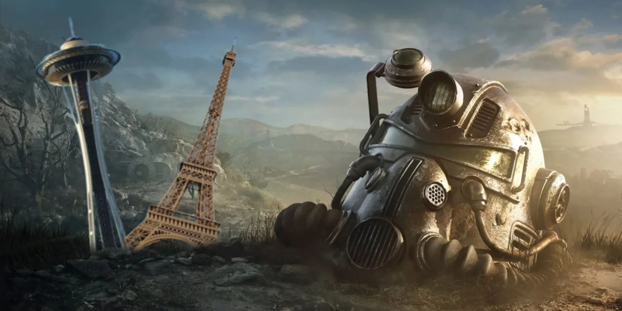 Mũ Bảo Hộ Power Armor nằm trên đất cạnh Tháp Eiffel và Space Needle, gợi ý những địa điểm tiềm năng cho bối cảnh Fallout 5