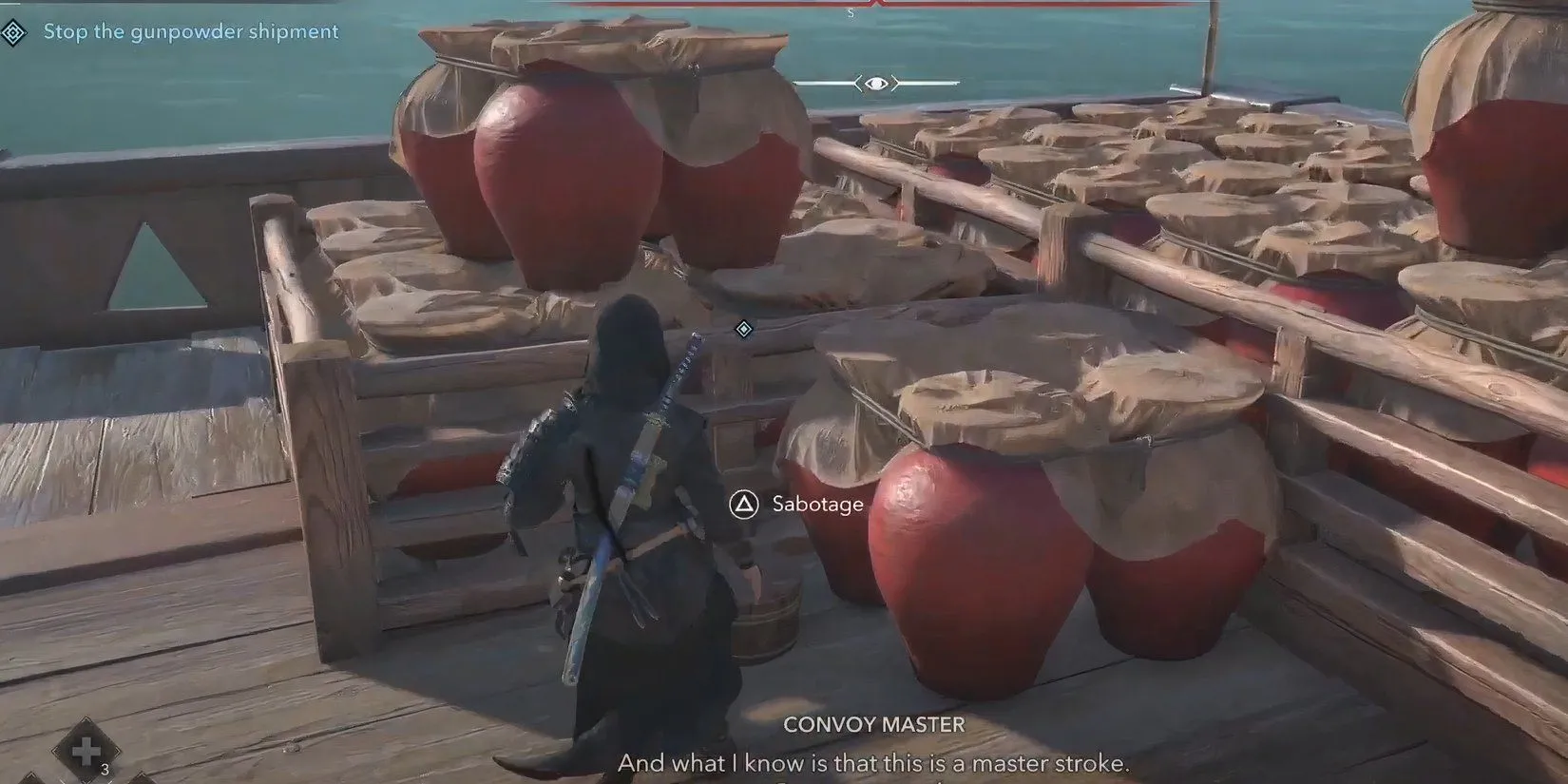 Naoe đặt thuốc nổ phá hoại tàu trong Assassin's Creed Shadows
