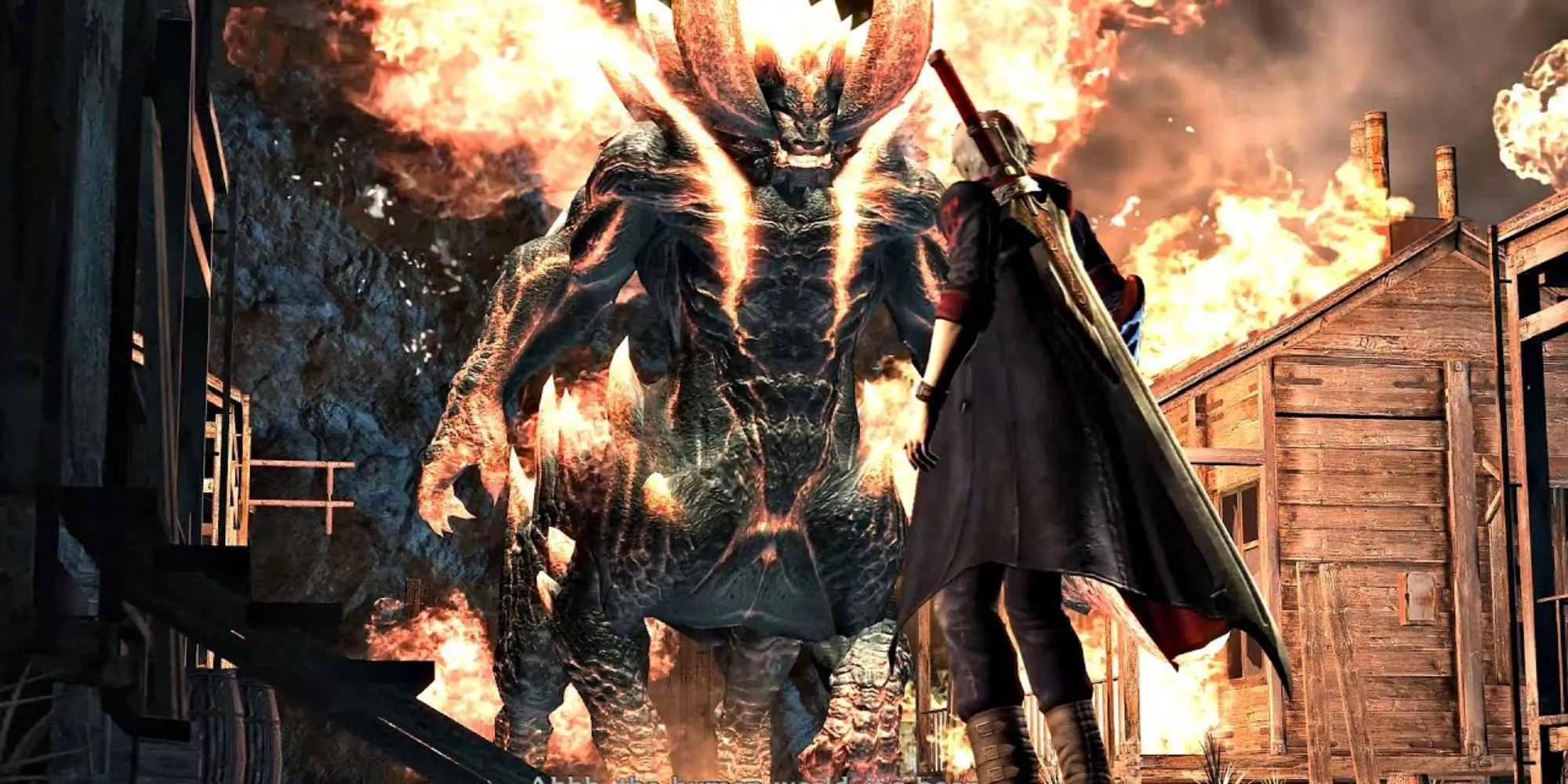 Nero chiến đấu với Berial, boss quỷ lửa dạng nhân mã trong Devil May Cry 4