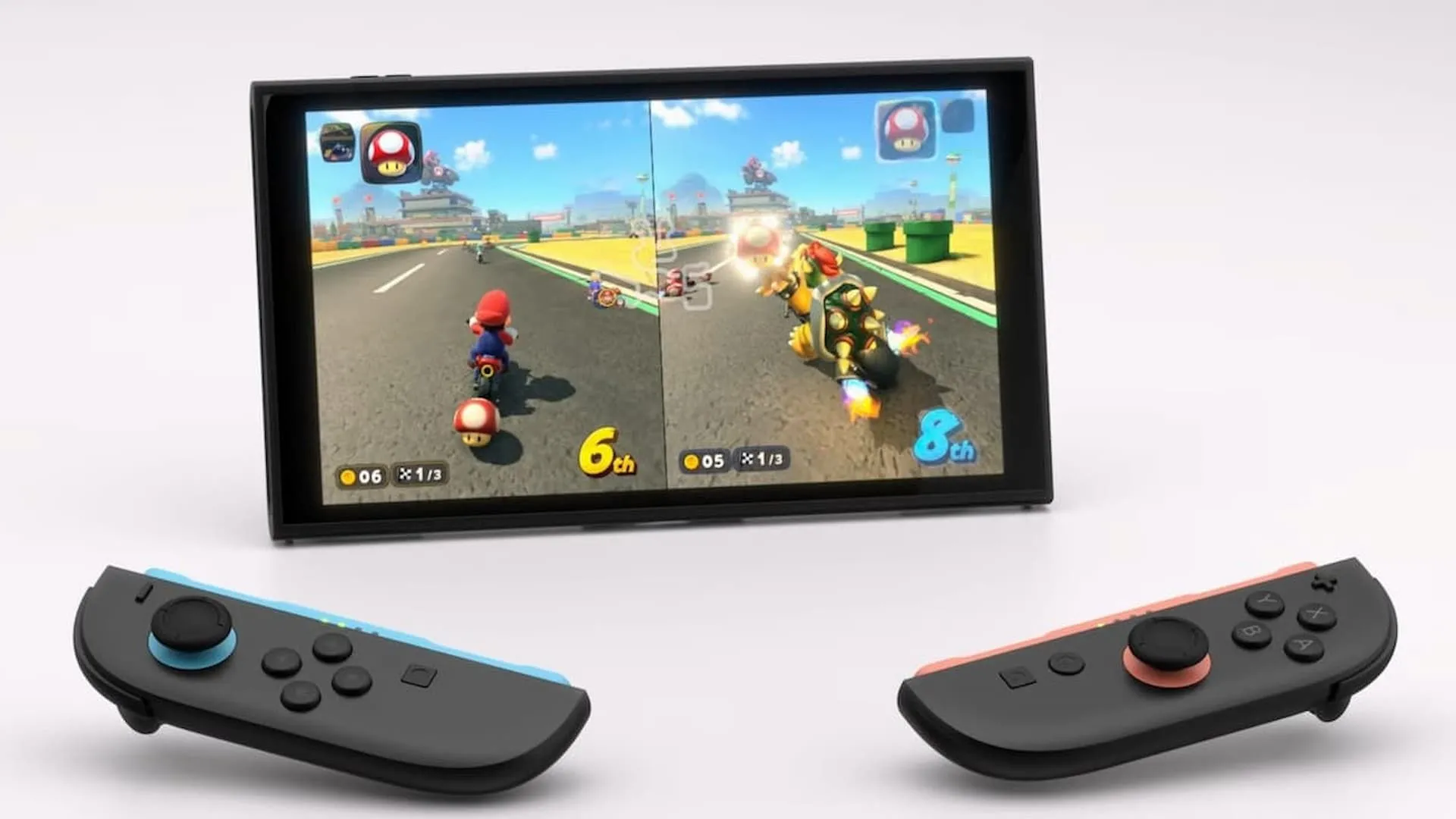 Người chơi đang sử dụng Joy-Con kép để chơi Mario Kart trên máy Nintendo Switch 2 concept