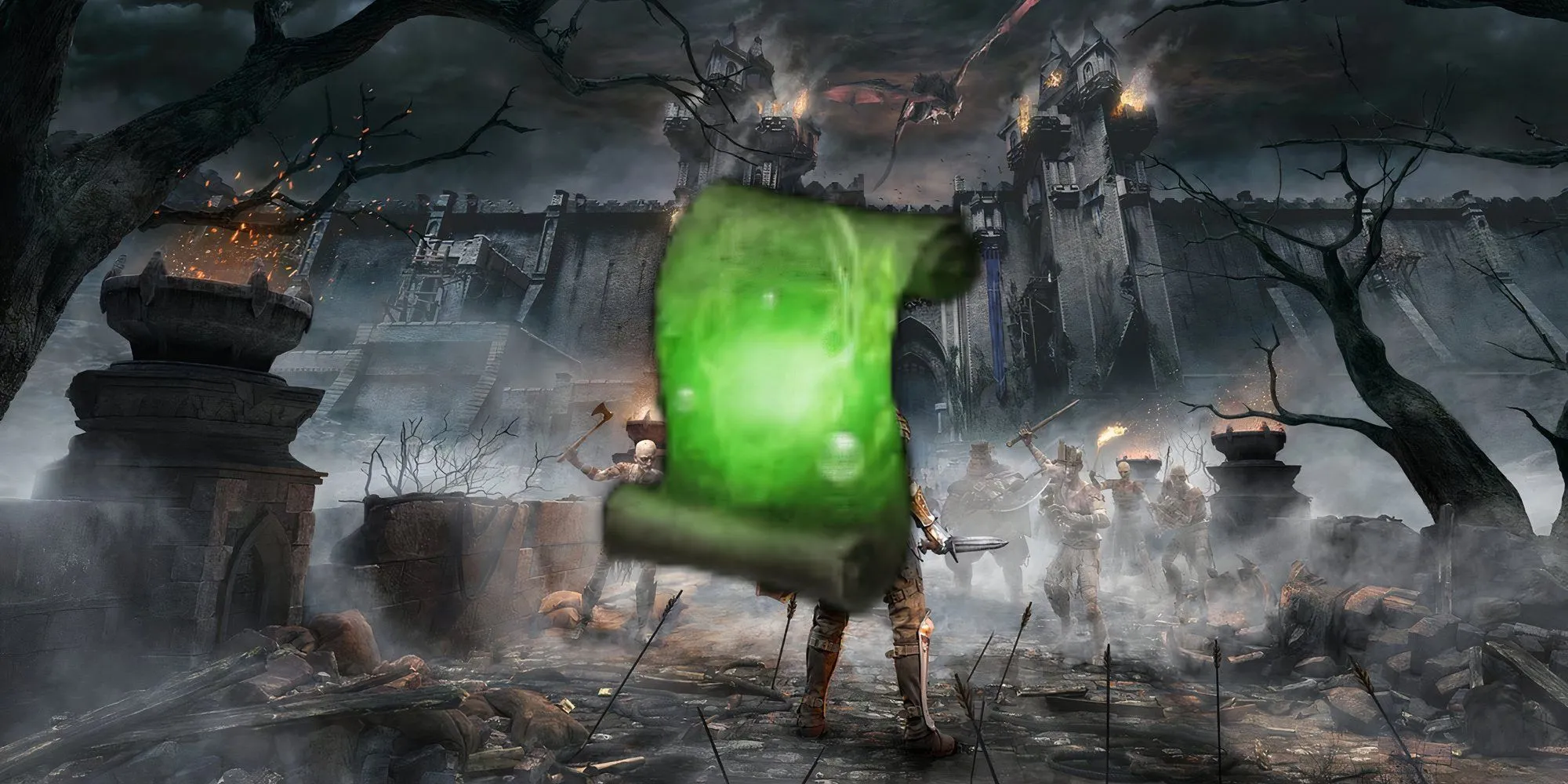 Người chơi Demon's Souls sử dụng phép Poison Cloud, tạo ra đám mây độc màu tím xung quanh