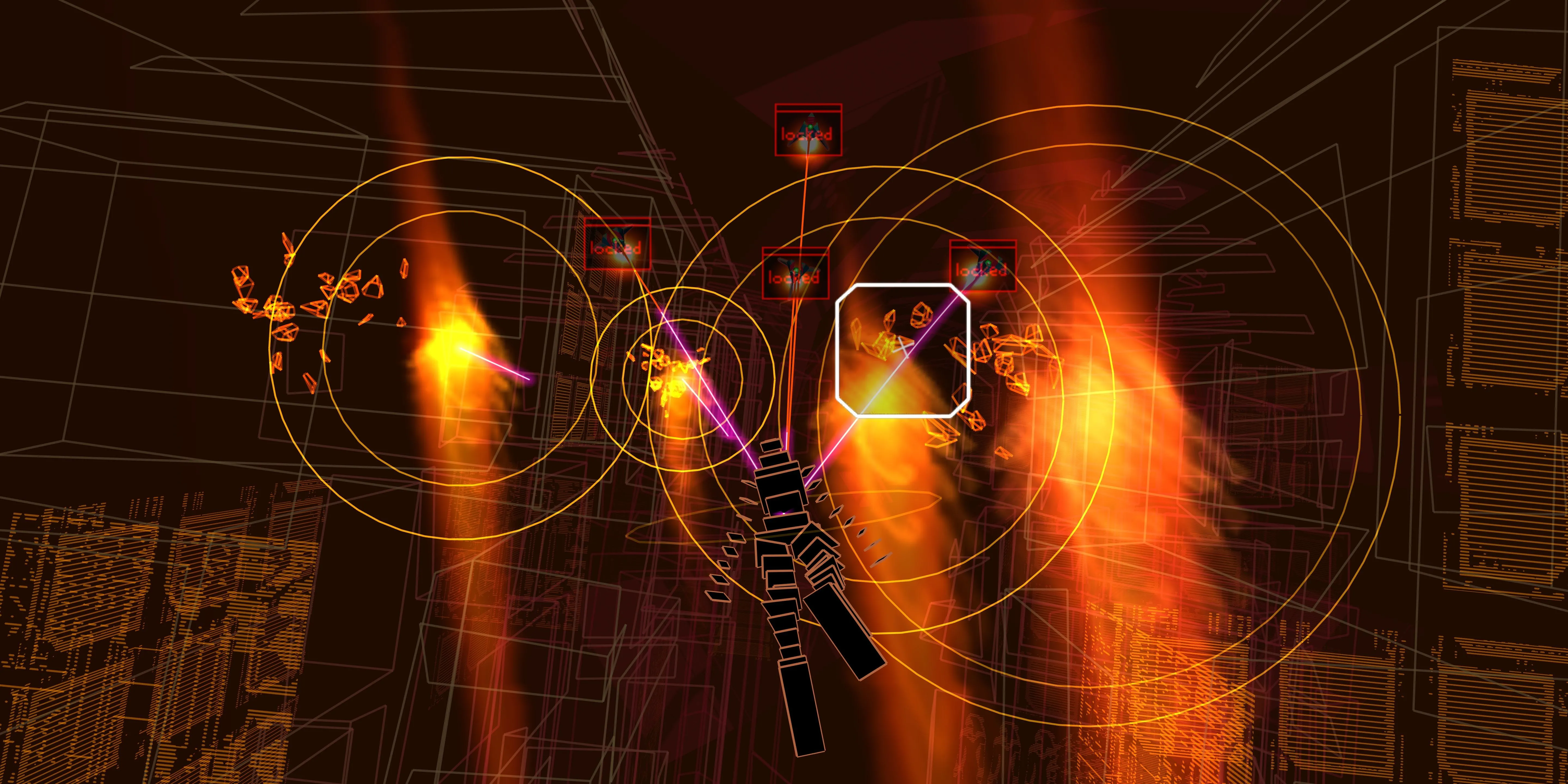 Người chơi khóa mục tiêu kẻ thù trong không gian ảo của Rez Infinite theo nhịp nhạc