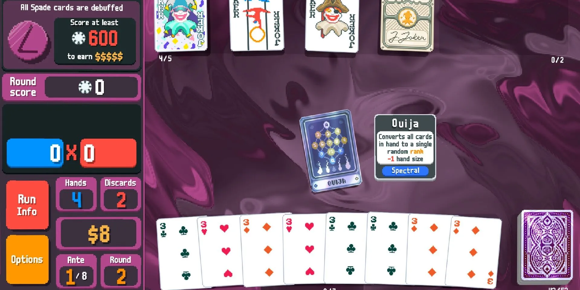 Người chơi sử dụng lá bài Ouija trong game thẻ bài Balatro