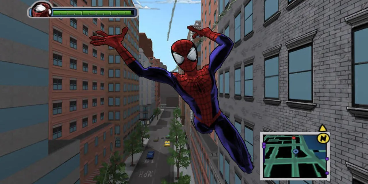Người Nhện đu tơ trong Ultimate Spider-Man, thể hiện đồ họa cel-shaded và hiệu ứng hình ảnh mang đậm nét truyện tranh Mỹ