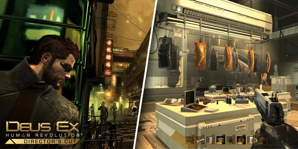 Nhân vật Adam Jensen trong Deus Ex Human Revolution với bối cảnh cyberpunk tương lai