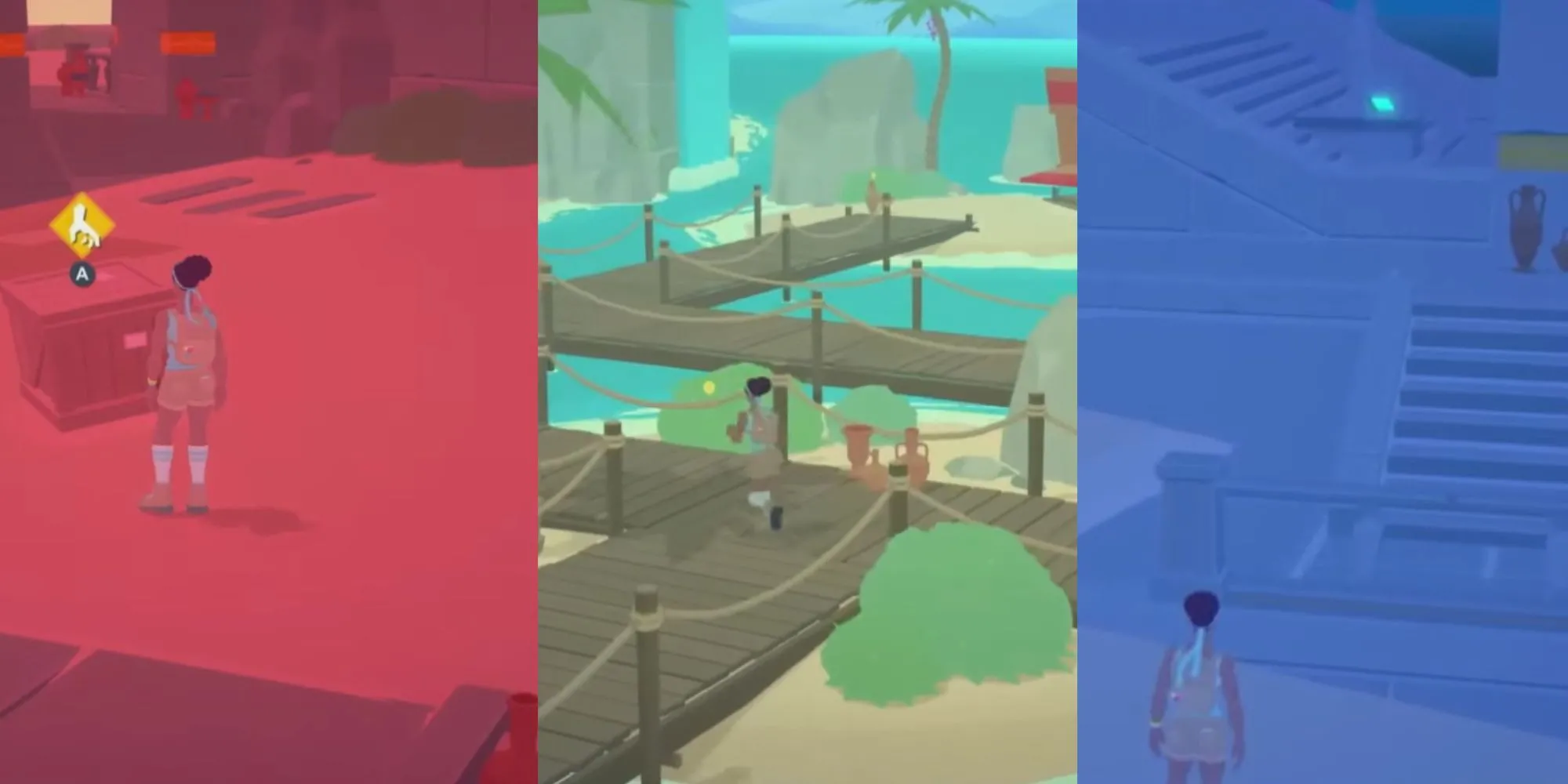 Nhân vật Alex trong Mythwrecked: Ambrosia Island đang mở một chiếc rương chứa đầy những kỷ vật phát sáng trên một hòn đảo thần thoại.