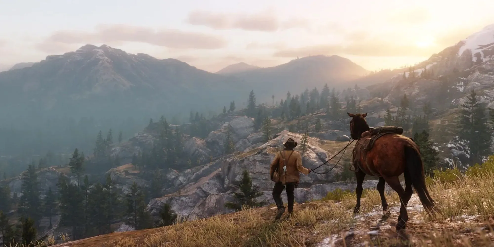 Nhân vật Arthur Morgan cưỡi ngựa trong khung cảnh hoàng hôn tuyệt đẹp của Red Dead Redemption 2