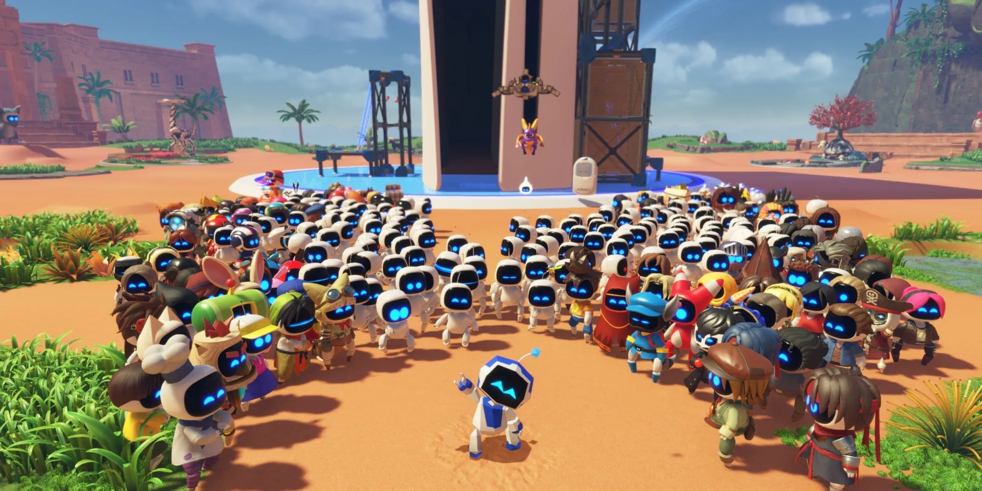 Nhân vật Astro Bot cùng nhóm bạn trong một khung cảnh tươi sáng, thể hiện tinh thần game gia đình