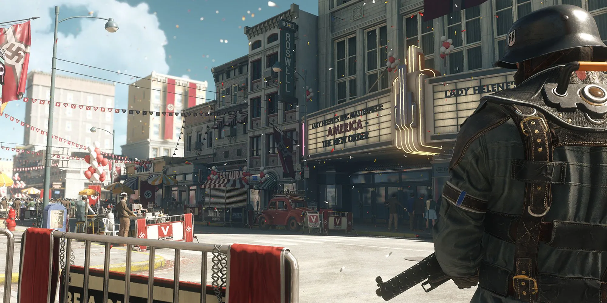 Nhân vật B.J. Blazkowicz trong Wolfenstein đang cầm hai khẩu súng, chiến đấu chống lại Đức Quốc Xã trong một thế giới lịch sử hư cấu