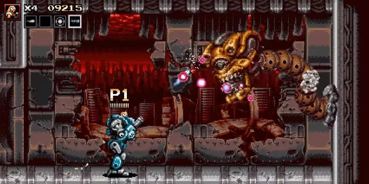 Nhân vật Blazing Chrome chiến đấu trong khung cảnh thành phố đổ nát