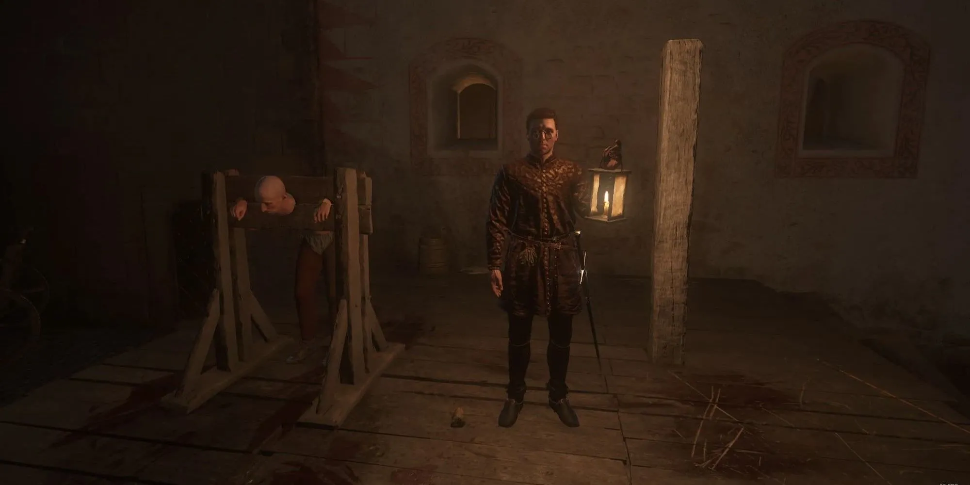 Nhân vật cầm đèn trong Kingdom Come Deliverance 2 với mod Equippable Lamp của Domagojevich trên Nexus Mods