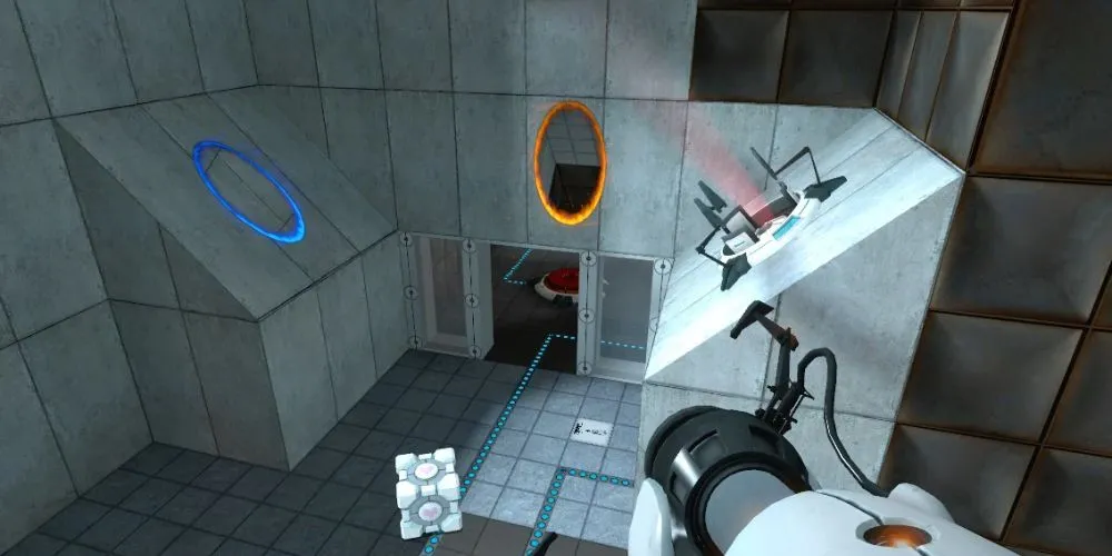 Nhân vật Chell trong game Portal sử dụng súng tạo cổng không gian