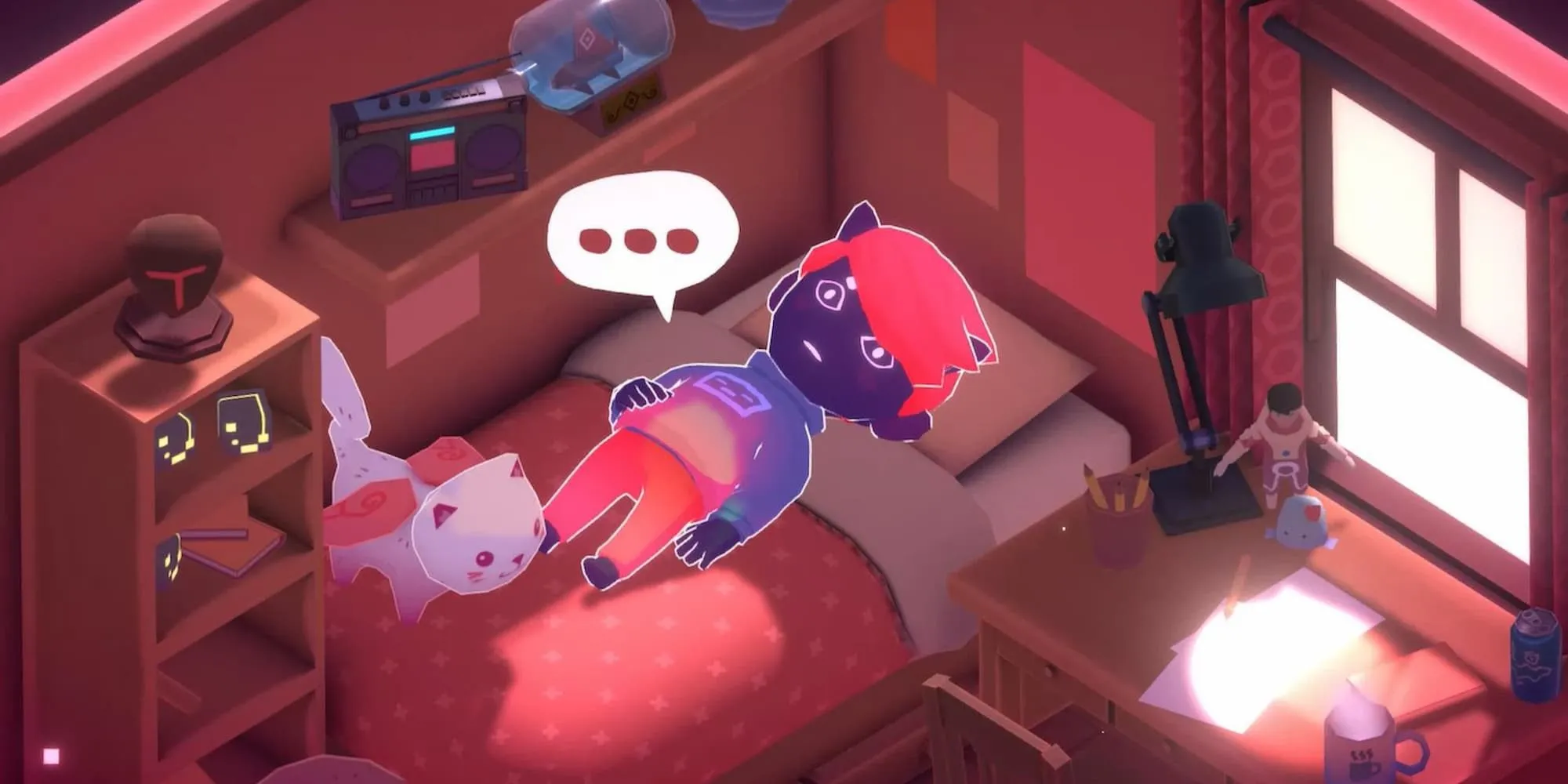 Nhân vật chibi và chú mèo trong game Kind Words đang ngồi bên cửa sổ