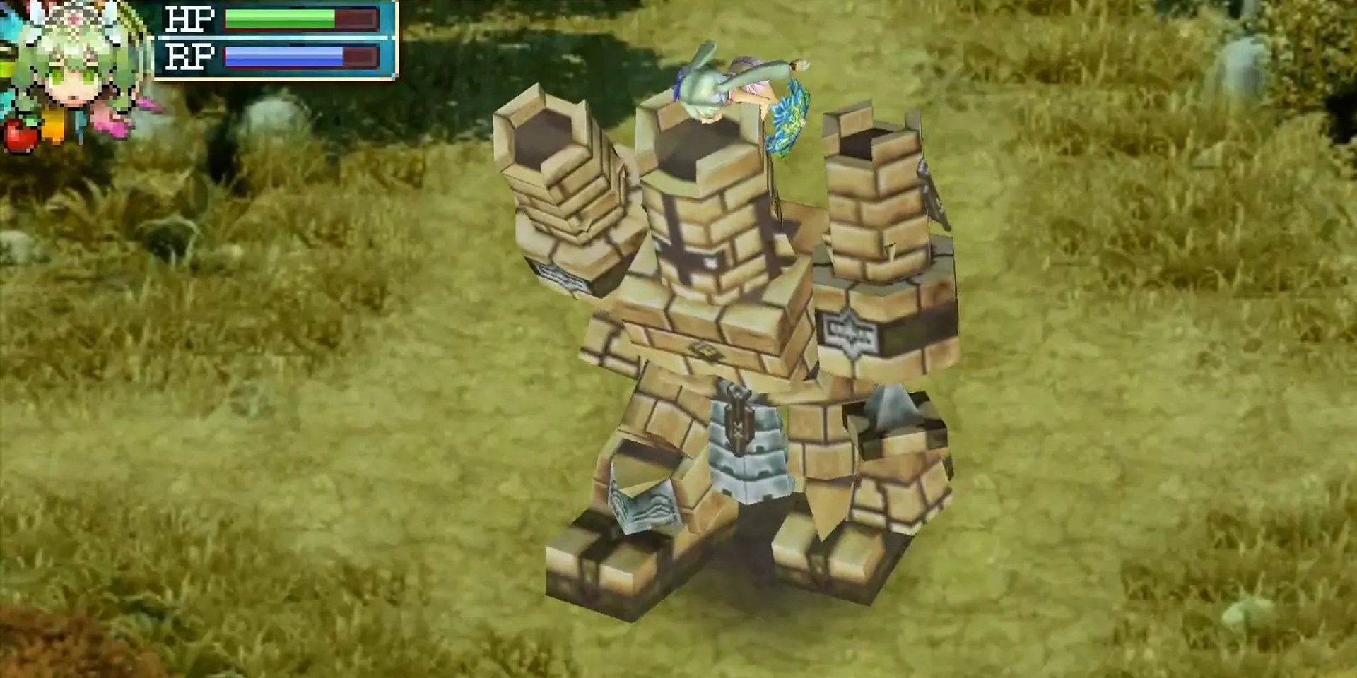 Nhân vật chính cưỡi một Golem trong Rune Factory 4