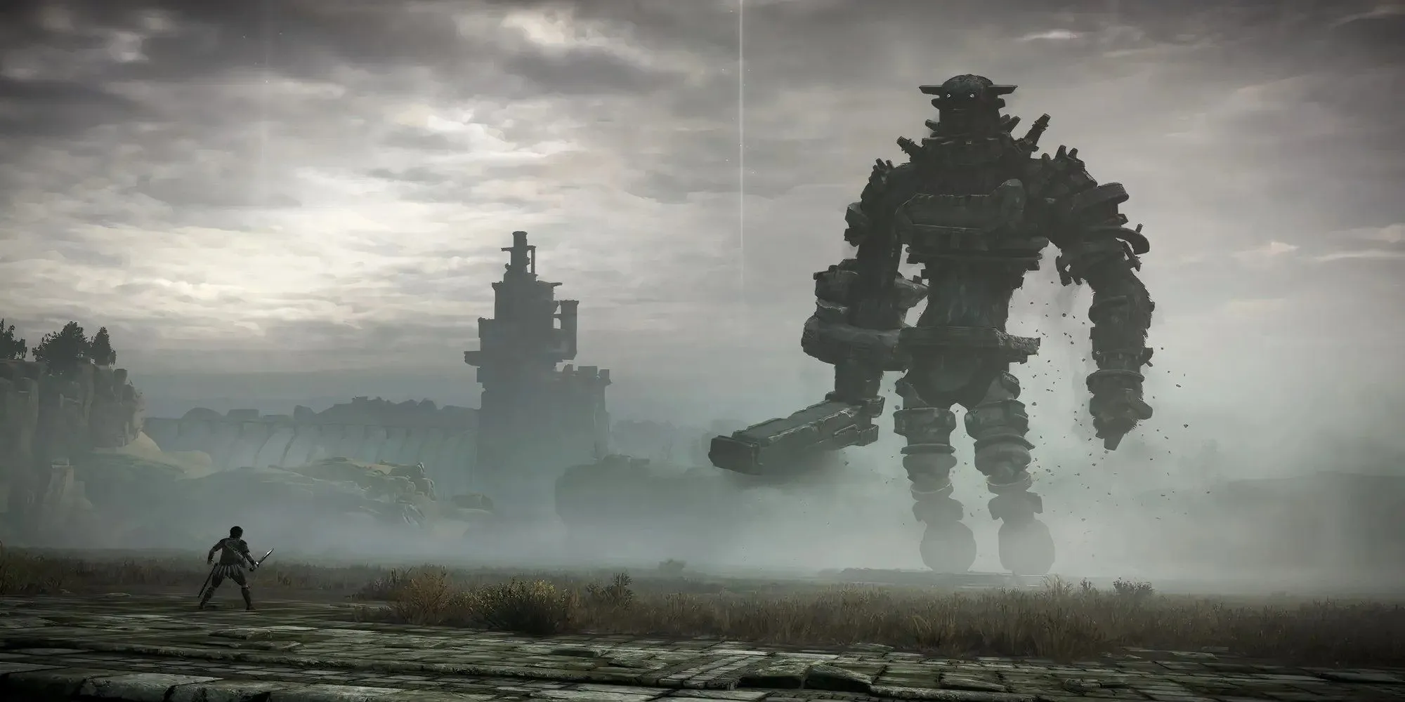 Nhân vật chính đối đầu với một Colossus khổng lồ trong Shadow of the Colossus