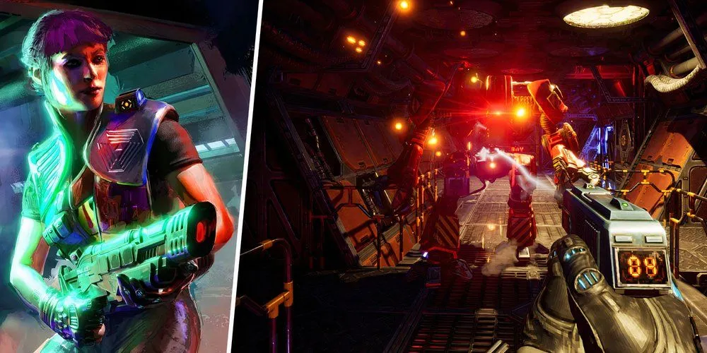 Nhân vật chính đối mặt với kẻ thù robot trong System Shock Remake, một tựa game immersive sim sci-fi